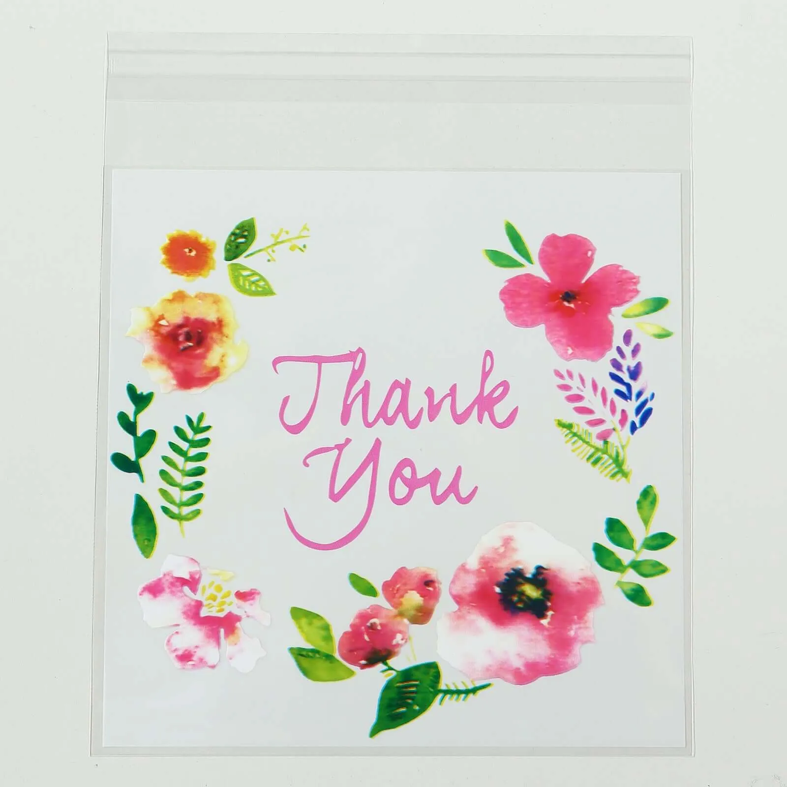 100 Pack Clear White PVC Favor Bags With "Thank You" Floral Print, Self Adhesive Seal Transparent Candy Bags - 6"x7"