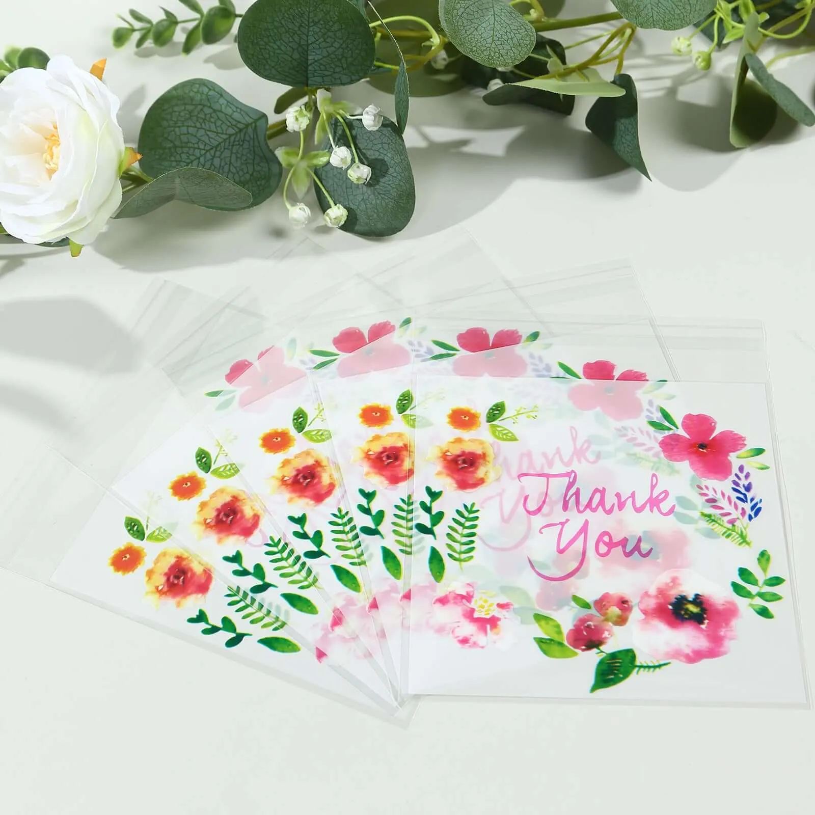 100 Pack Clear White PVC Favor Bags With "Thank You" Floral Print, Self Adhesive Seal Transparent Candy Bags - 6"x7"