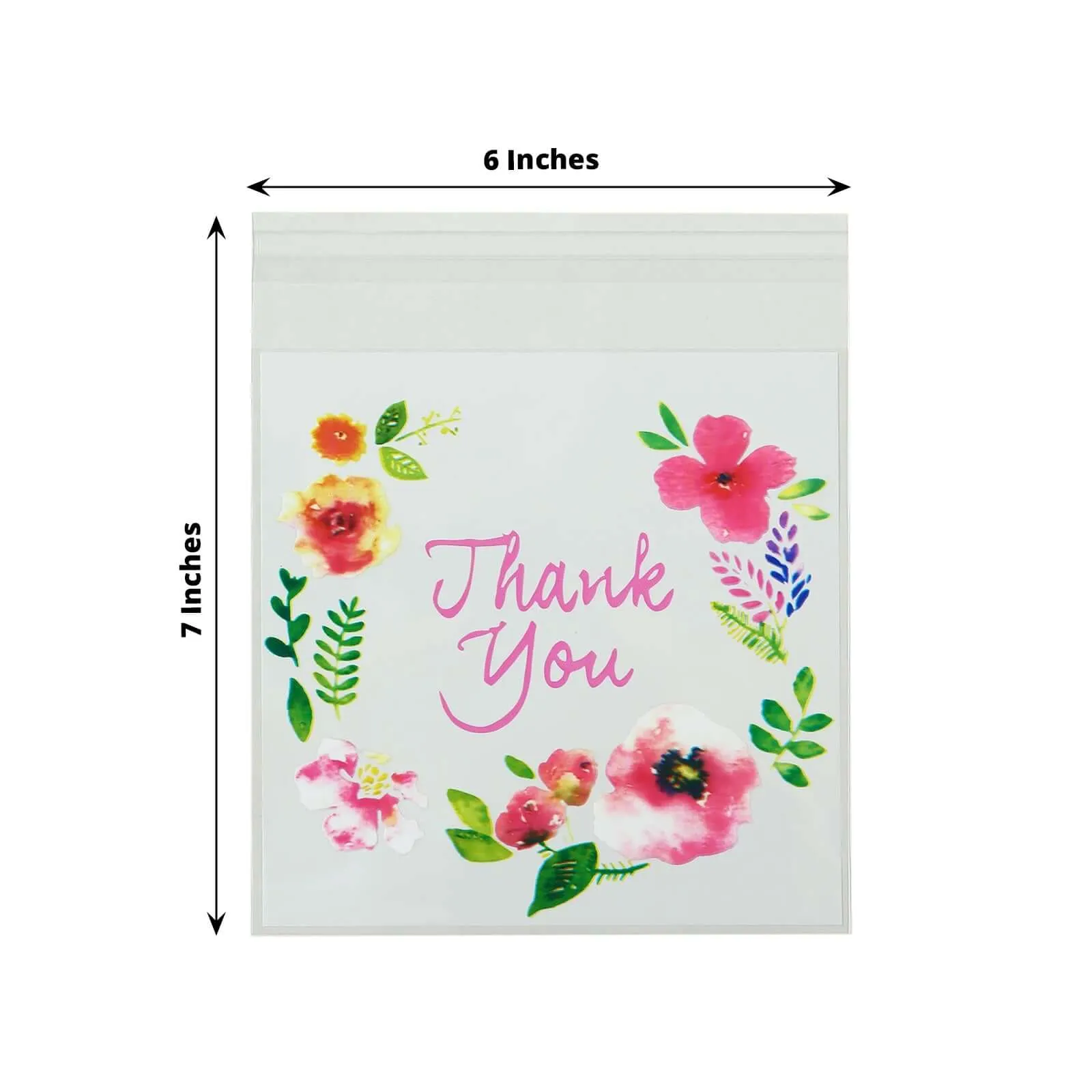 100 Pack Clear White PVC Favor Bags With "Thank You" Floral Print, Self Adhesive Seal Transparent Candy Bags - 6"x7"