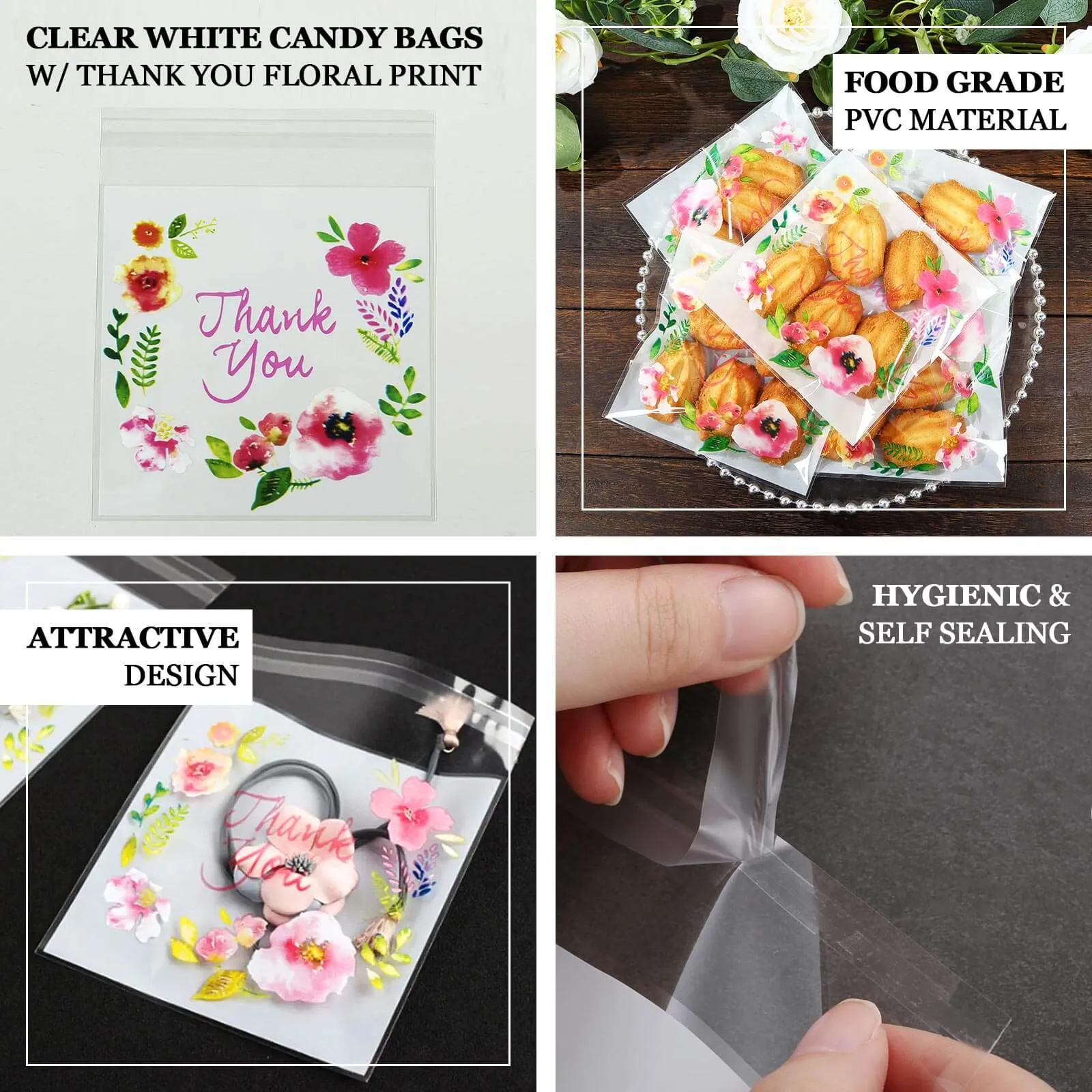 100 Pack Clear White PVC Favor Bags With "Thank You" Floral Print, Self Adhesive Seal Transparent Candy Bags - 6"x7"