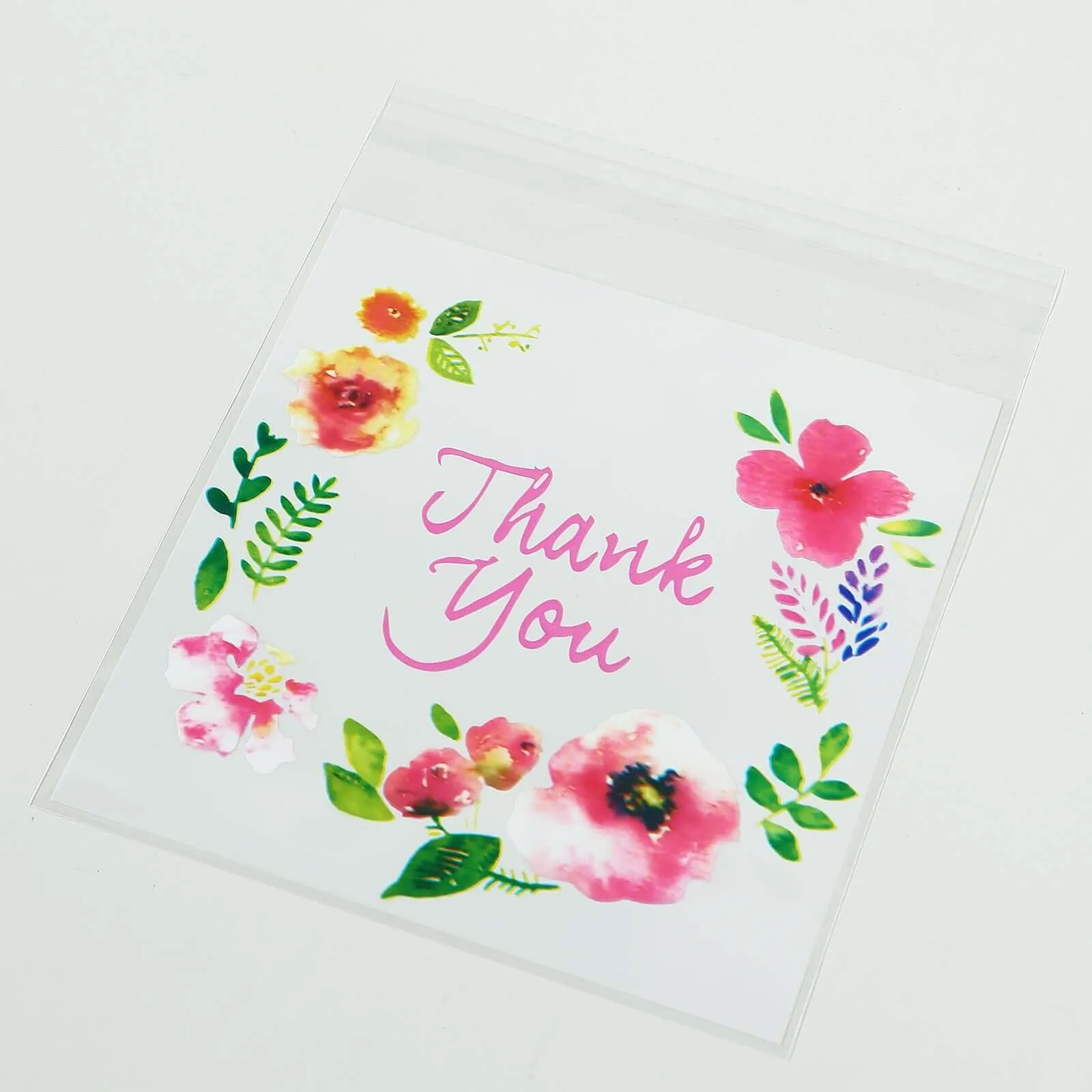 100 Pack Clear White PVC Favor Bags With "Thank You" Floral Print, Self Adhesive Seal Transparent Candy Bags - 6"x7"