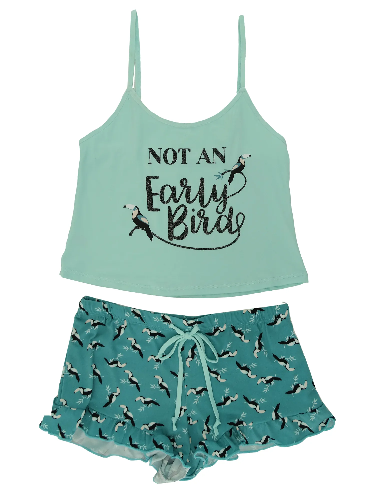 8505B, Spree - Ladies' Ruffle Shorts & Spaghetti Top -Aqua Bird (S-L)