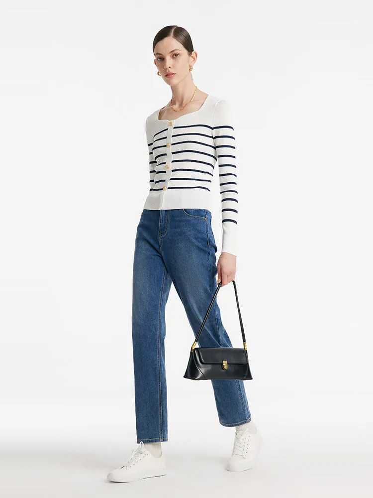 Acetate Square Neck Striped Women Knit Top