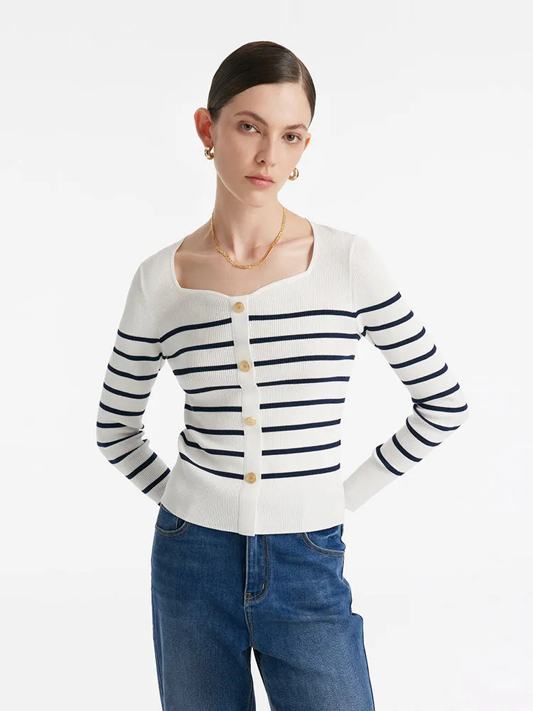 Acetate Square Neck Striped Women Knit Top