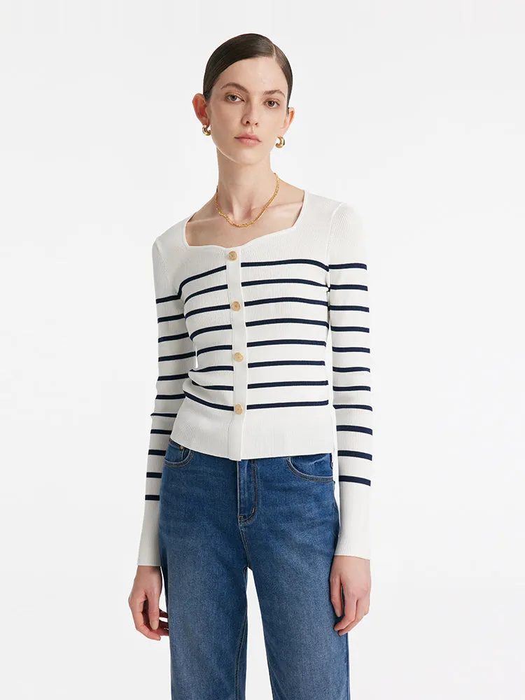 Acetate Square Neck Striped Women Knit Top