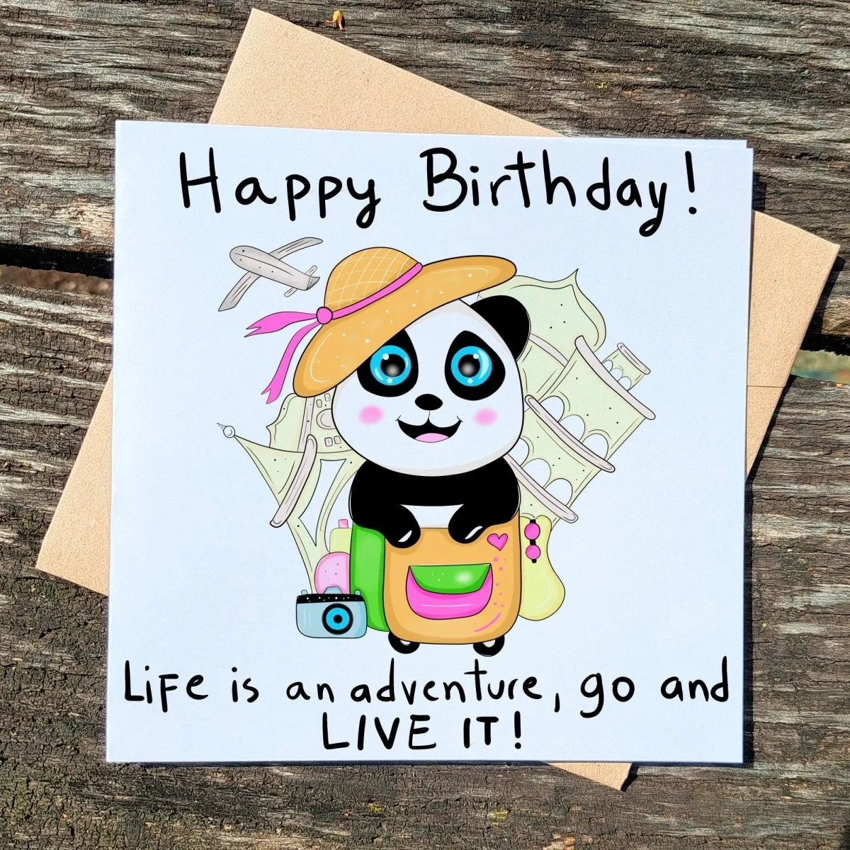 Adventure Awaits Panda Birthday Card, Travel-Themed Greeting for Her, Best Wishes for Adventure Lovers