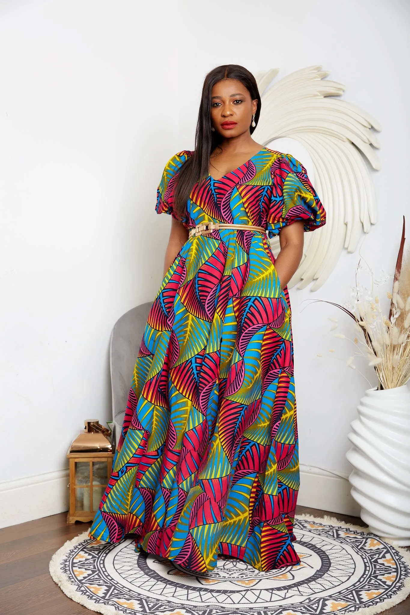 African Print V Neck Maxi Dress with Puff Sleeves- Pelumi