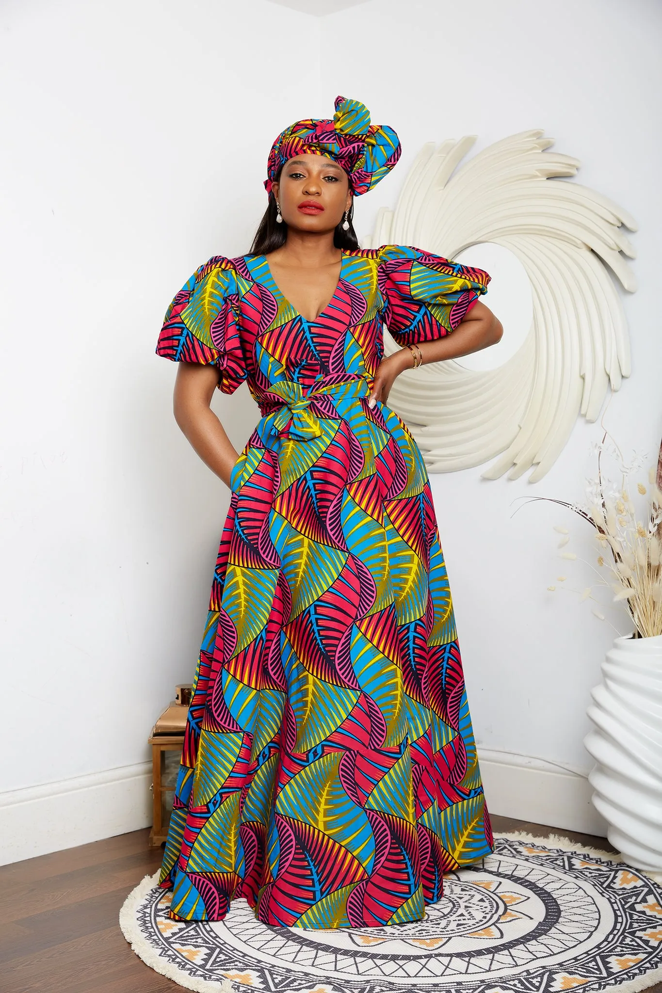 African Print V Neck Maxi Dress with Puff Sleeves- Pelumi