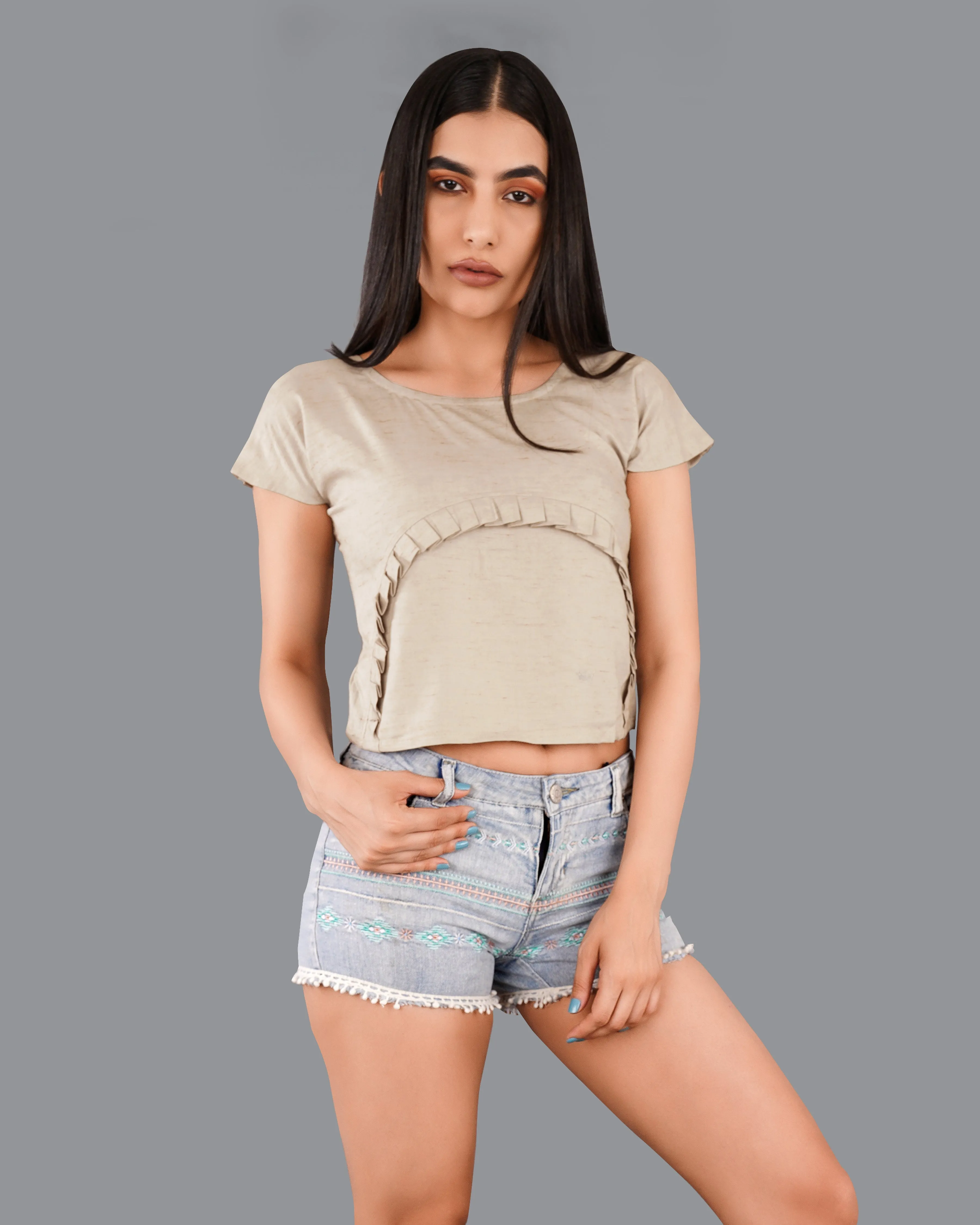 Amber Brown Crop With Pleated Premium Cotton Top