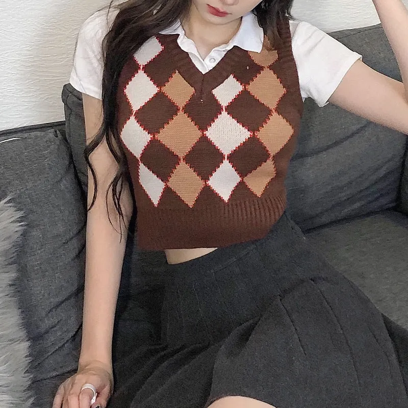 Argyle Women Sweater Vest Vintage Autumn Knit Pullover Cute Crop Jumper Short Sweater Streetwear Brown Top