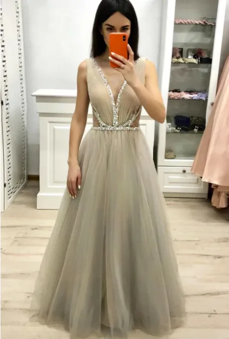 beaded prom dresses long v neck simple silver a line cheap prom gown vestido de longo