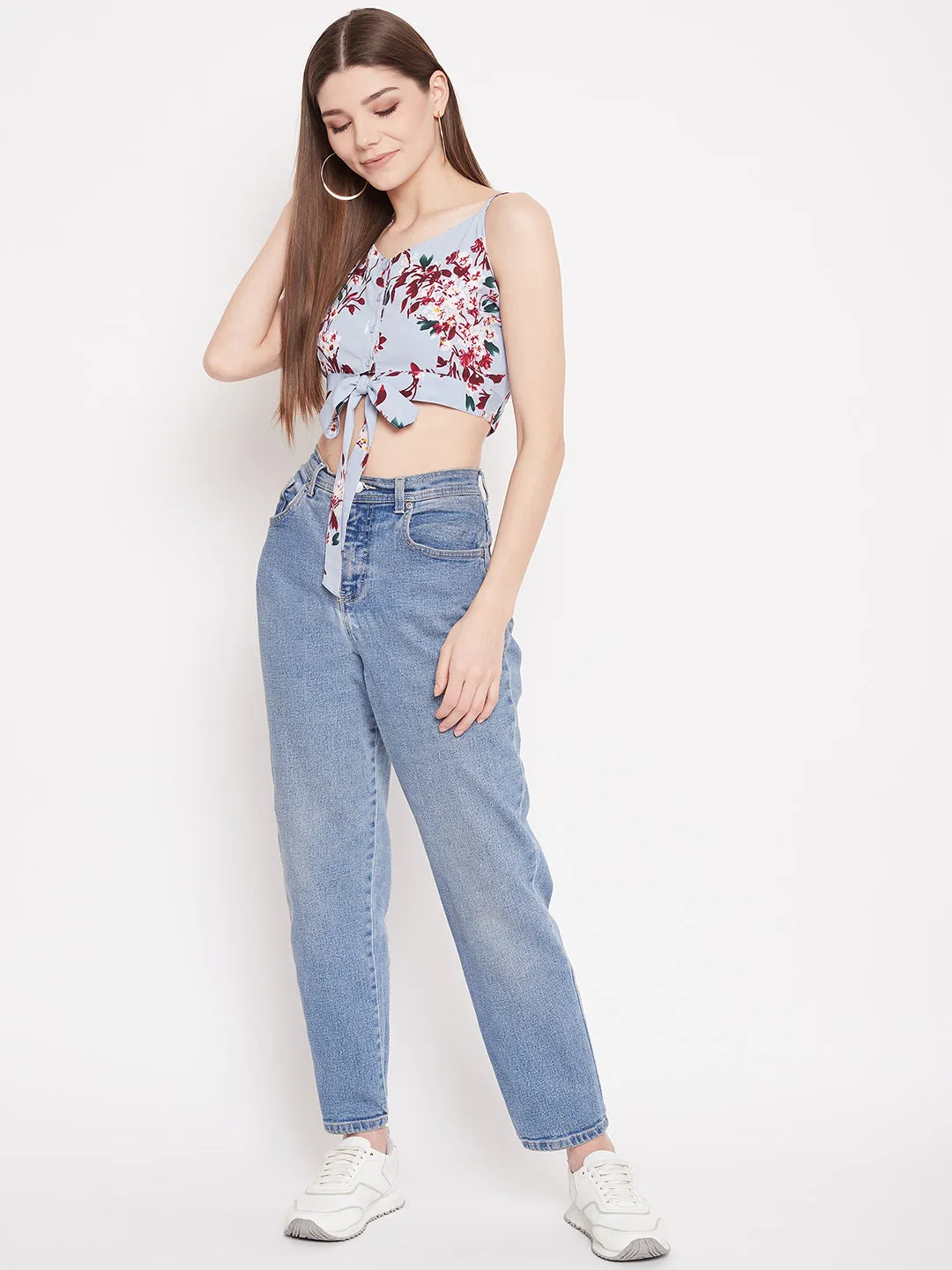 Berrylush Women Blue Floral Printed Strappy Front Tie Crop Top