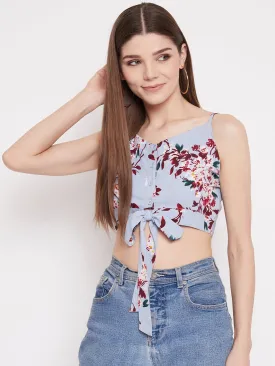 Berrylush Women Blue Floral Printed Strappy Front Tie Crop Top