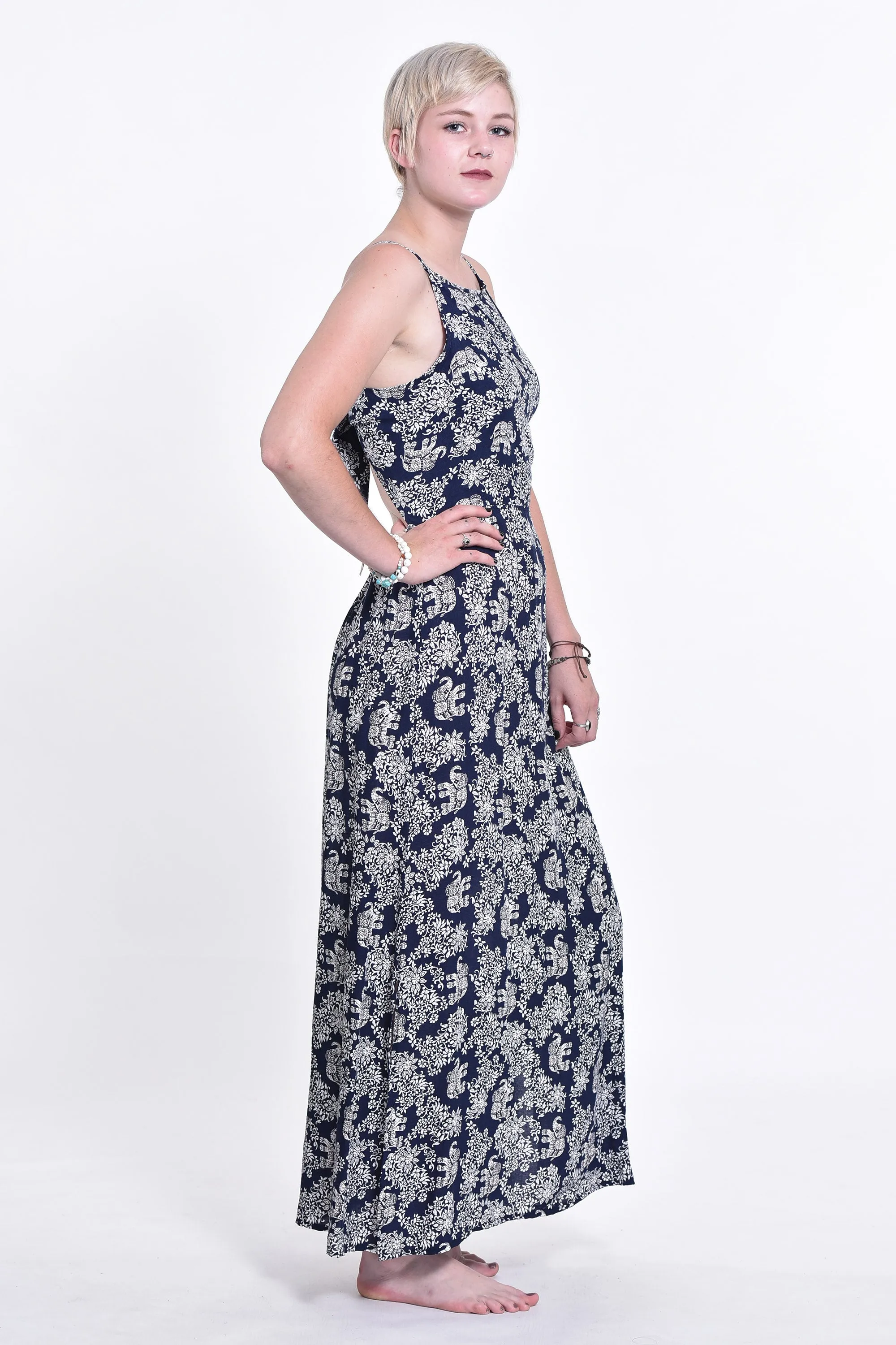 Blooming Elephant Tie Back Maxi Dress in Navy