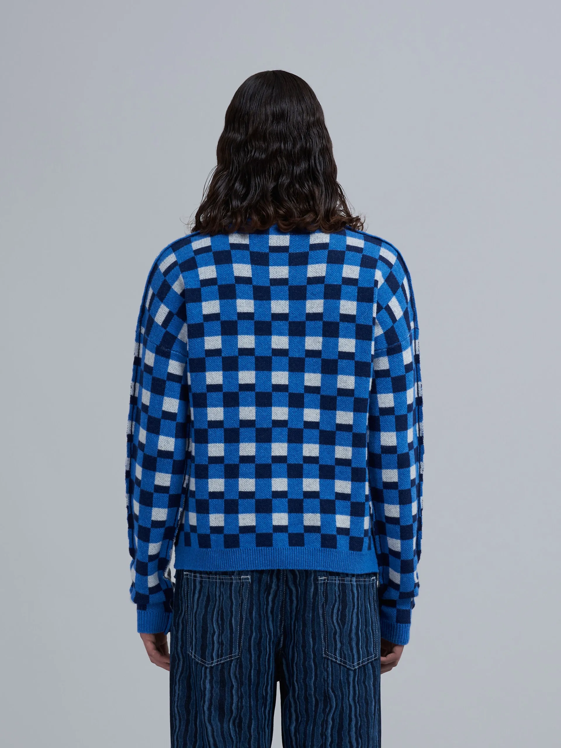 BLUE AND WHITE CREPE AND SHETLAND WOOL SWEATER