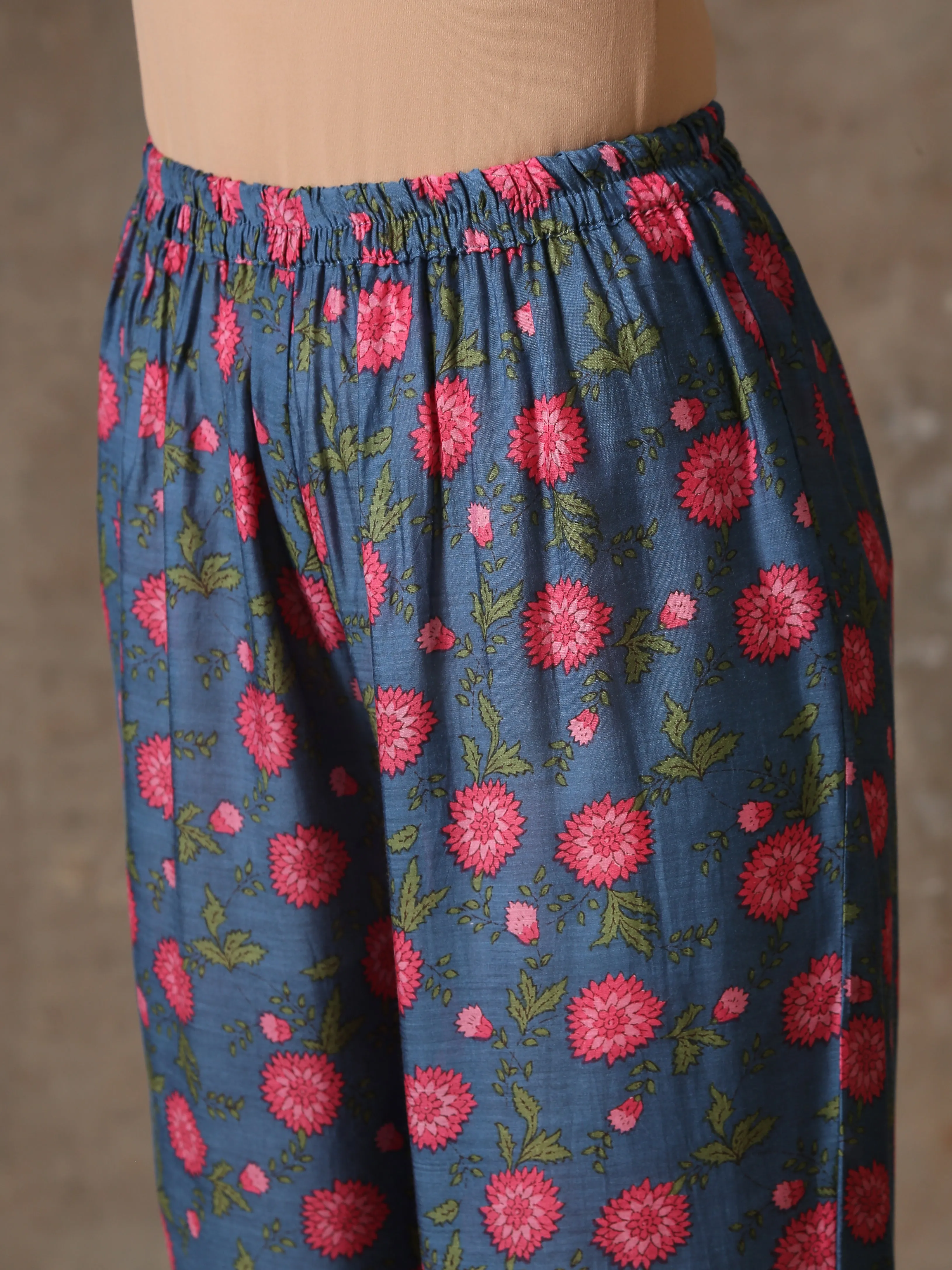 Blue Pink Printed Silk Kurta Pant Set | Relove