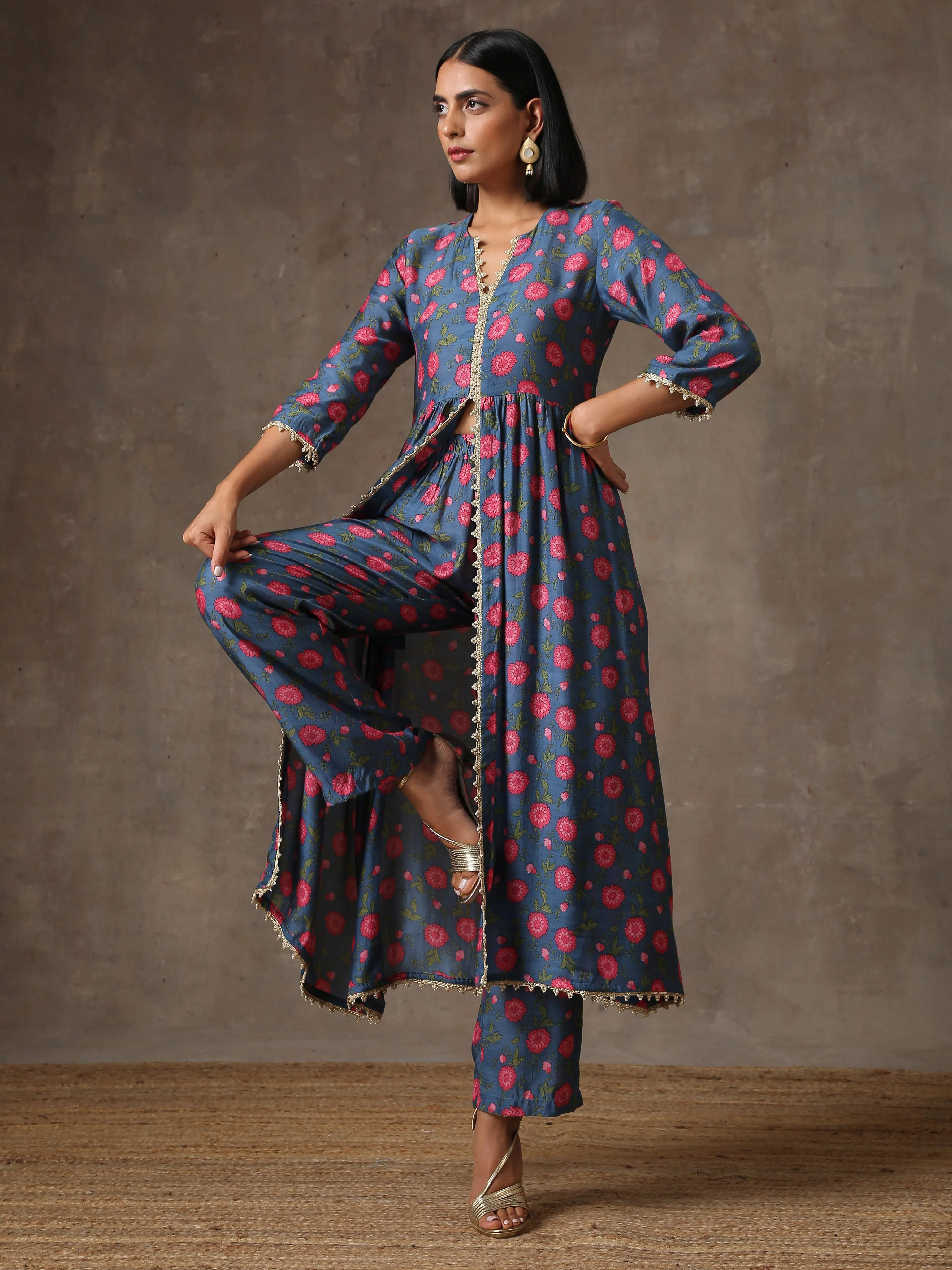 Blue Pink Printed Silk Kurta Pant Set | Relove