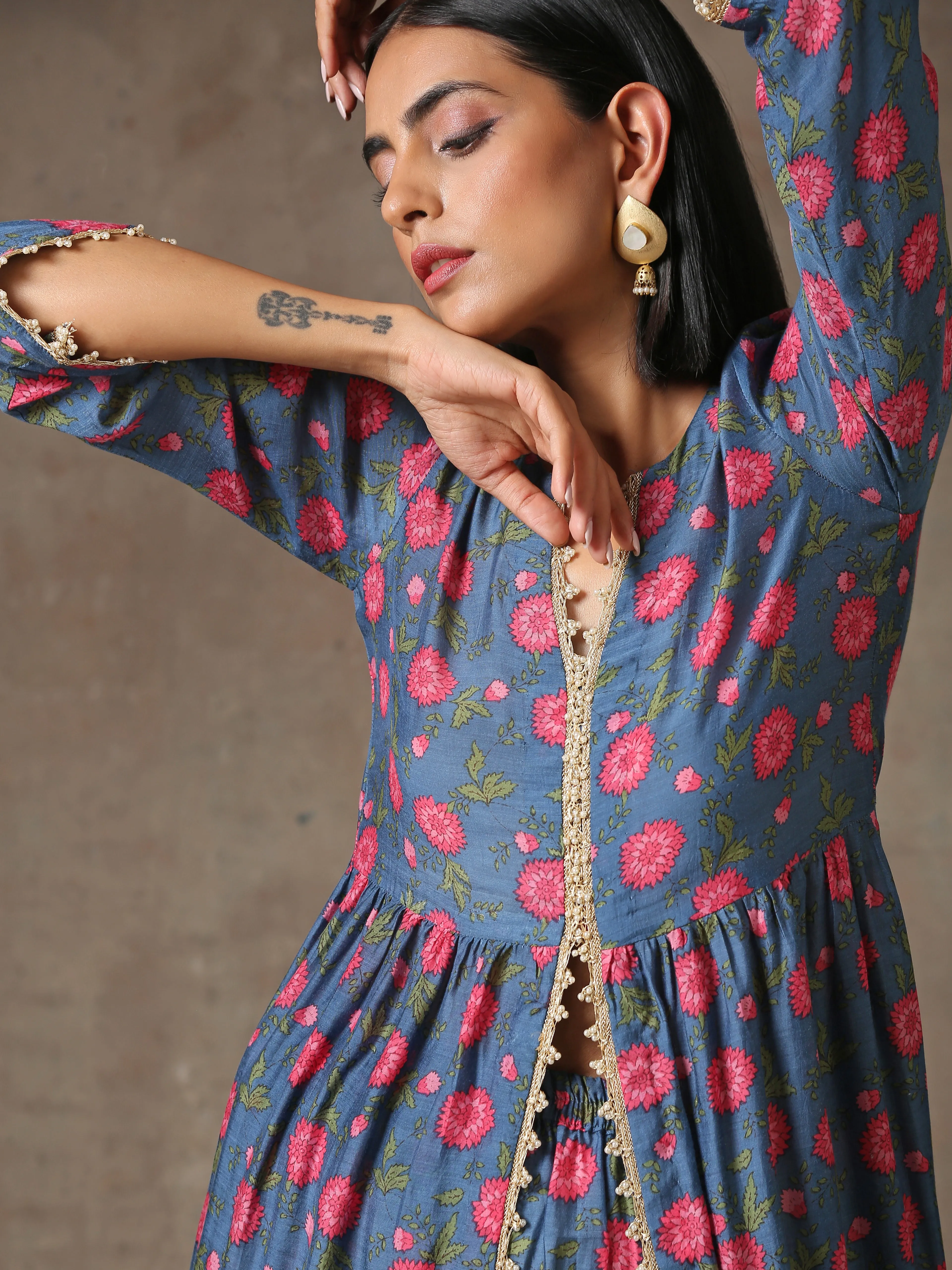 Blue Pink Printed Silk Kurta Pant Set | Relove