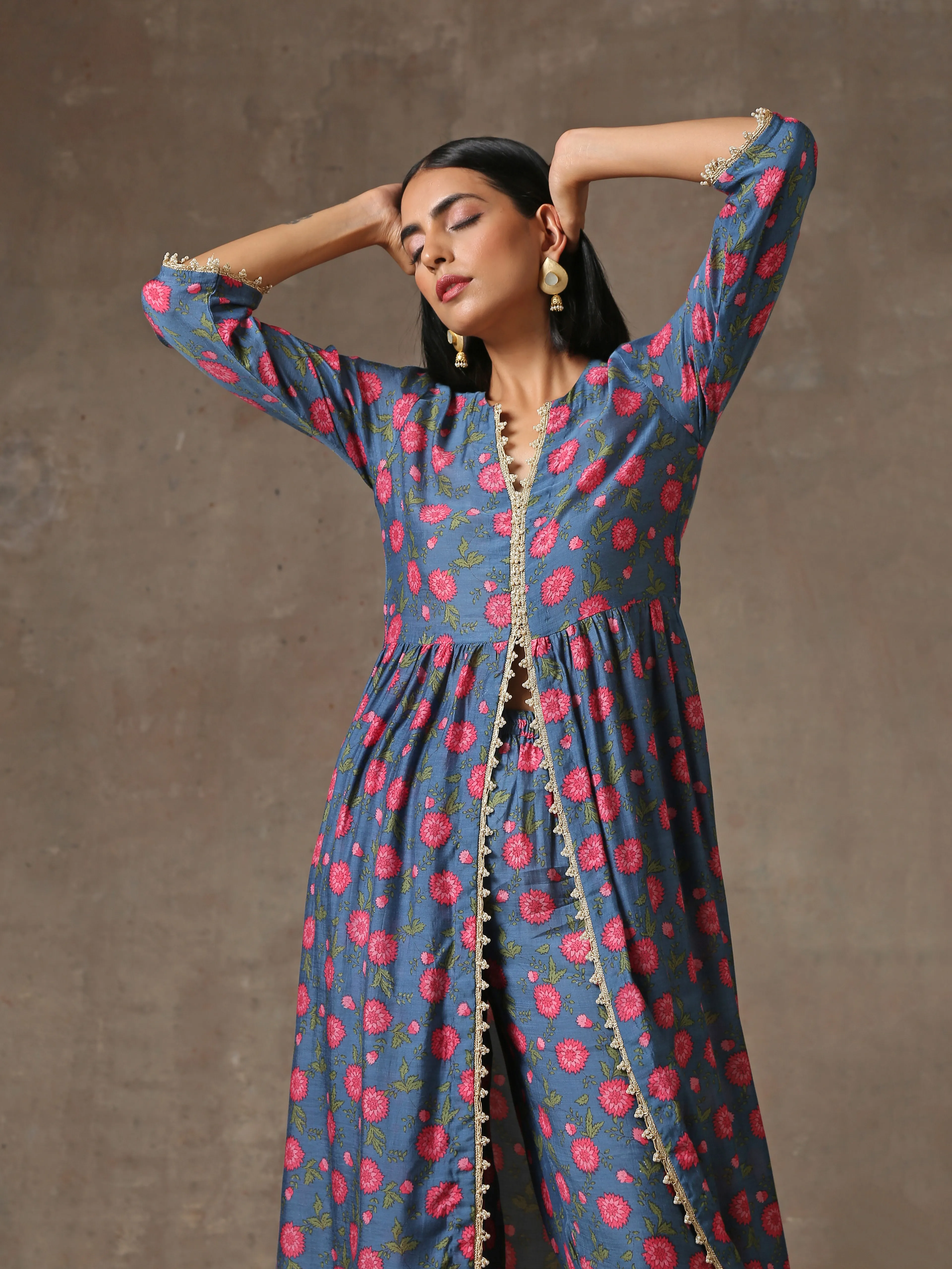 Blue Pink Printed Silk Kurta Pant Set | Relove