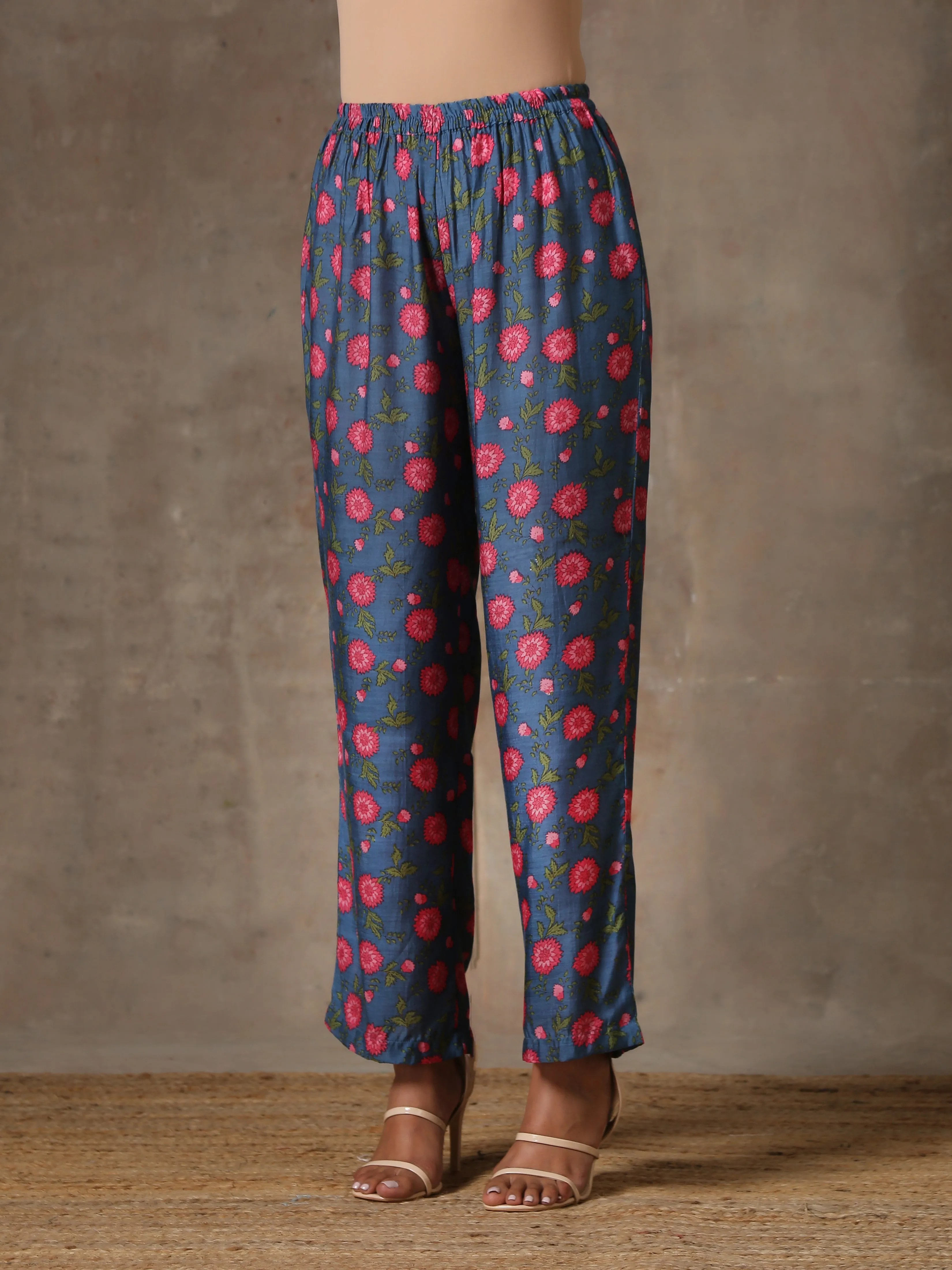 Blue Pink Printed Silk Kurta Pant Set | Relove