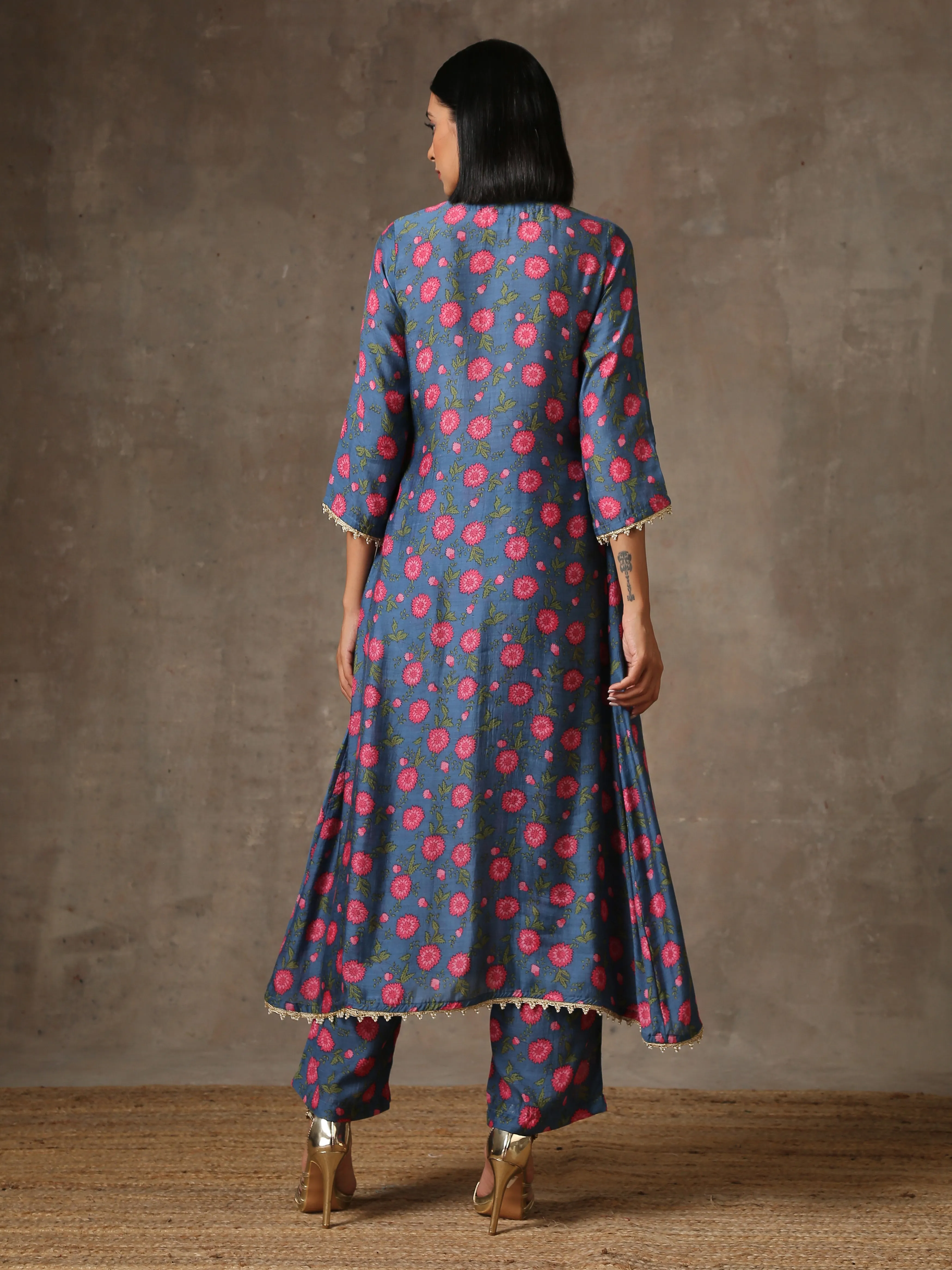 Blue Pink Printed Silk Kurta Pant Set | Relove