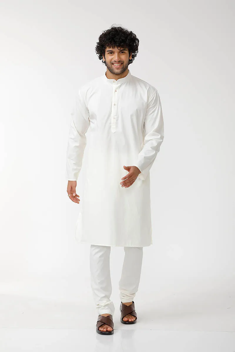 Classic - Cream Cotton Knee Length Kurta and Pyjama Combo For Men | Uathayam