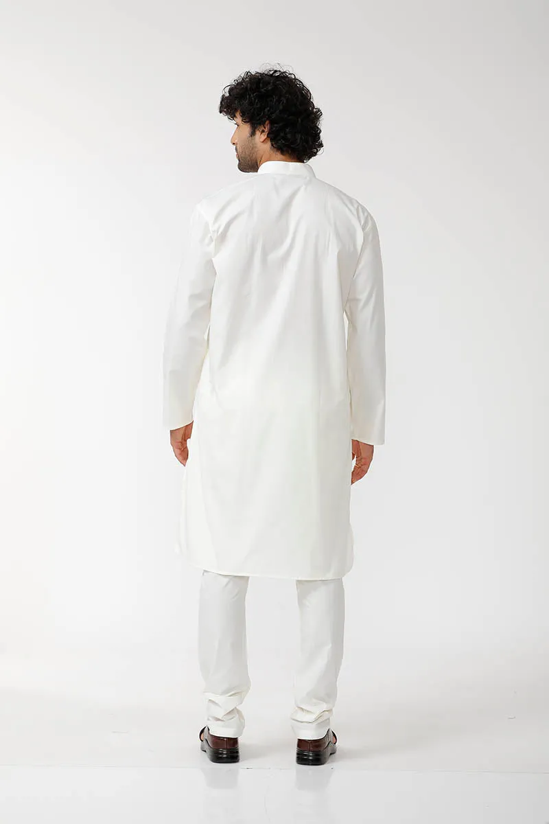 Classic - Cream Cotton Knee Length Kurta and Pyjama Combo For Men | Uathayam