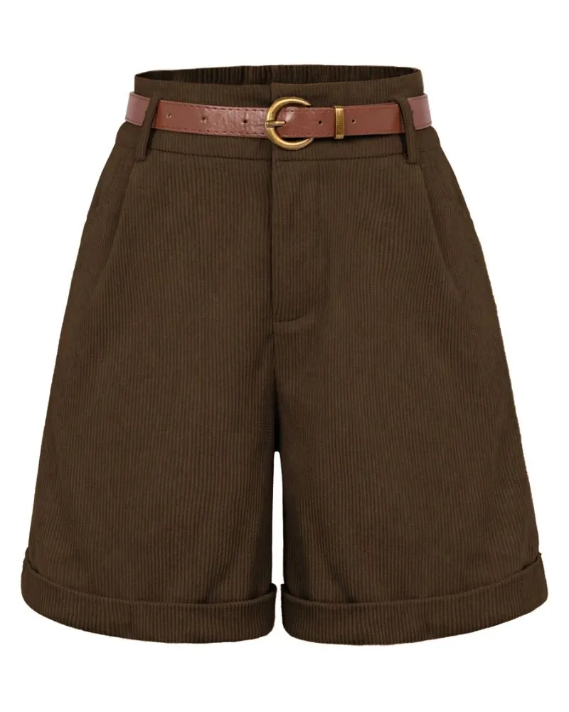 Corduroy Shorts with Belt Elastic High Waist Short Pants