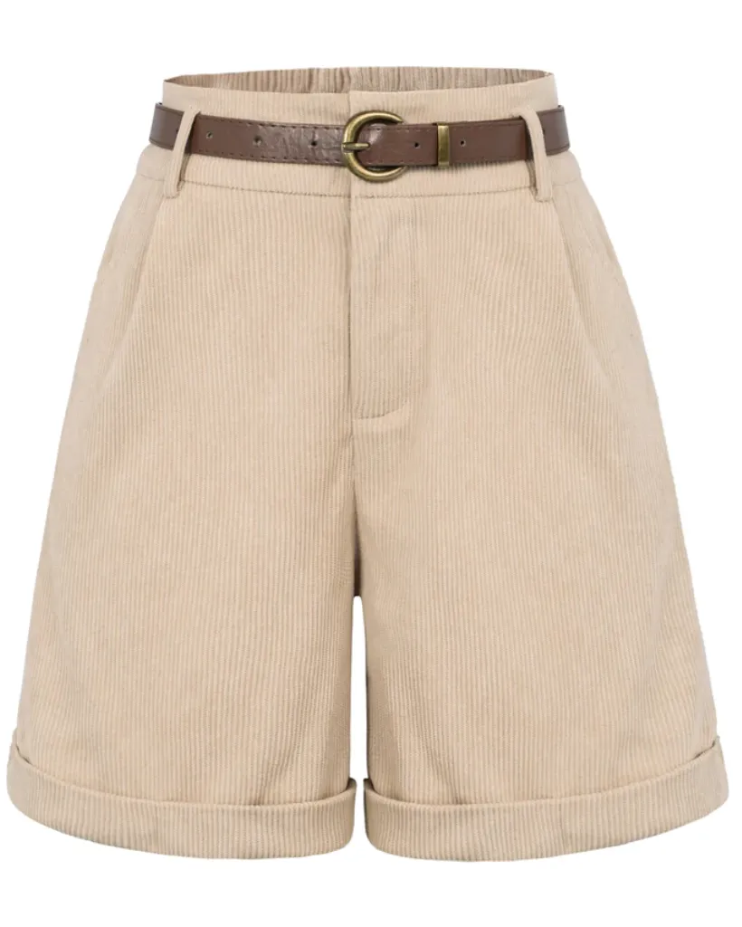 Corduroy Shorts with Belt Elastic High Waist Short Pants