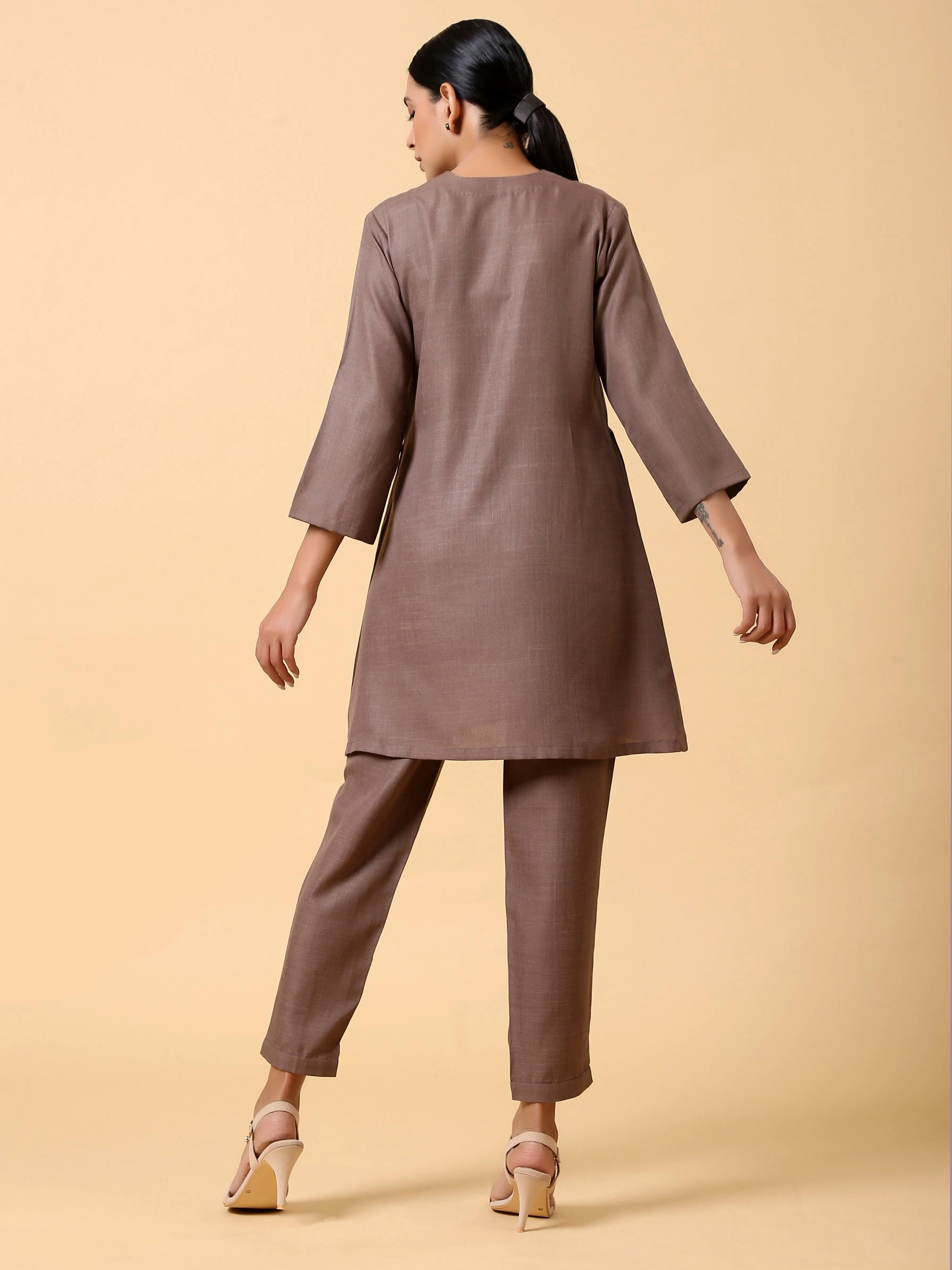 Cotton Linen Burnt Brown Pleated Co-Ord Set | Relove