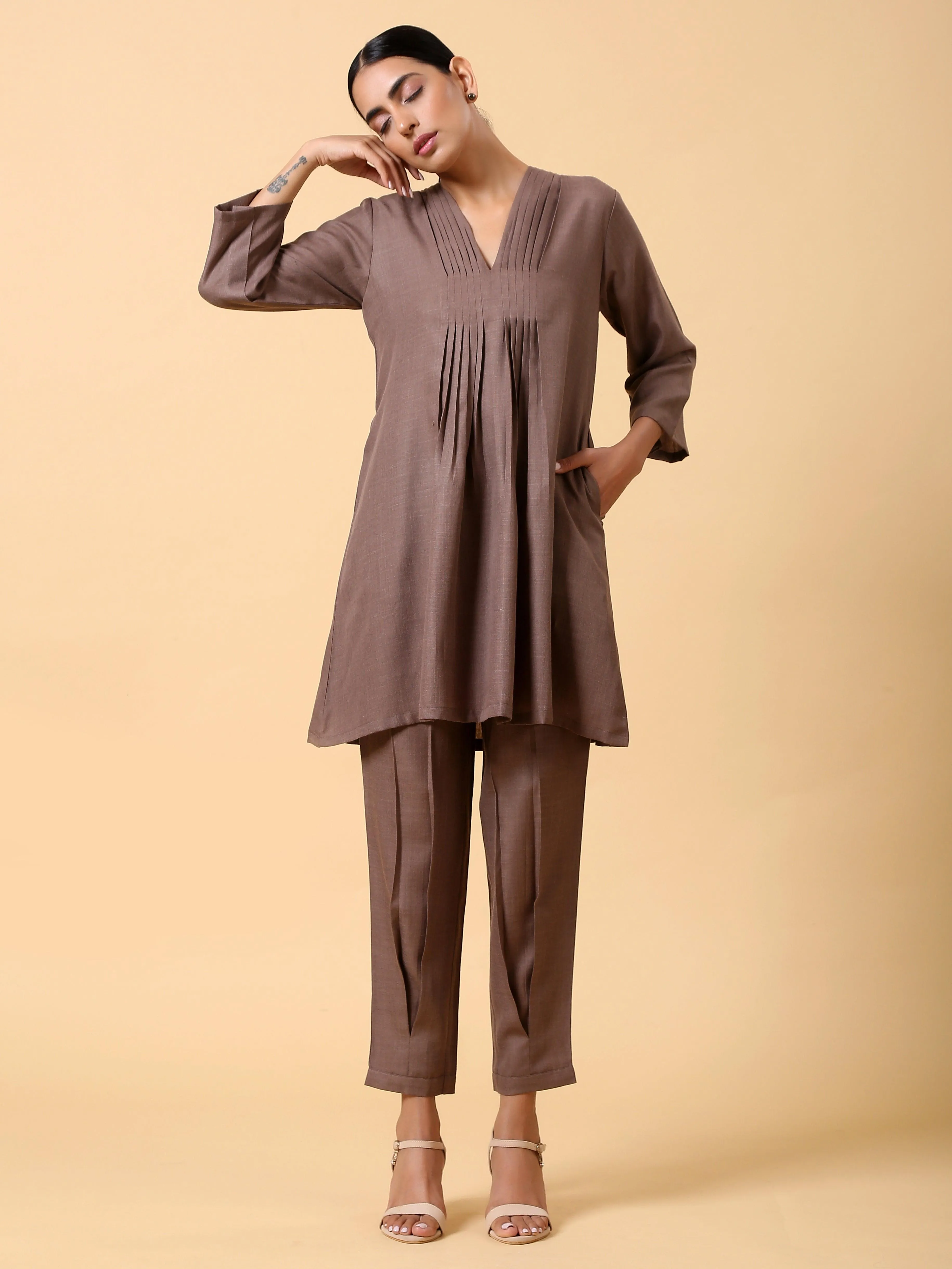 Cotton Linen Burnt Brown Pleated Co-Ord Set | Relove