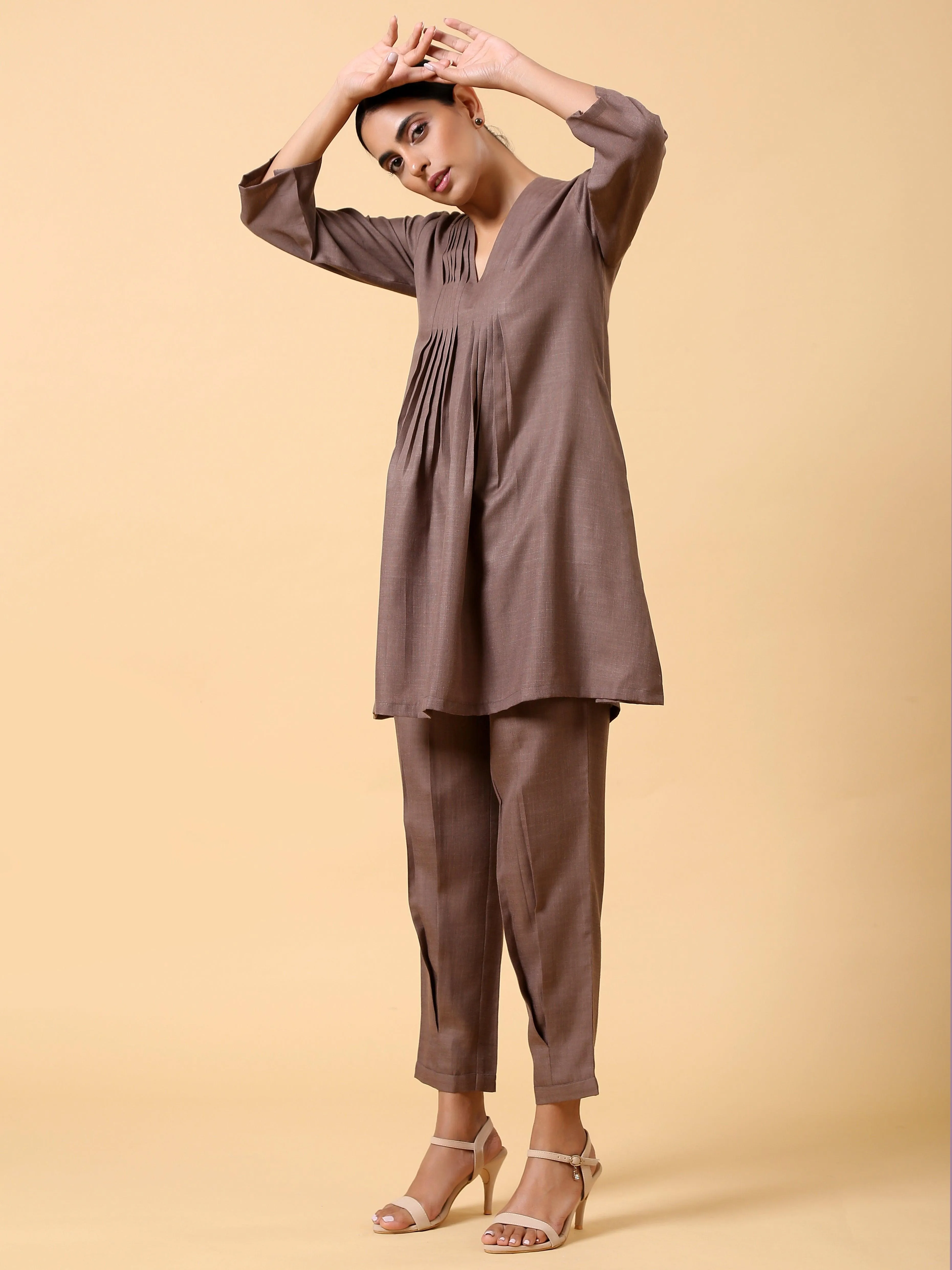 Cotton Linen Burnt Brown Pleated Co-Ord Set | Relove