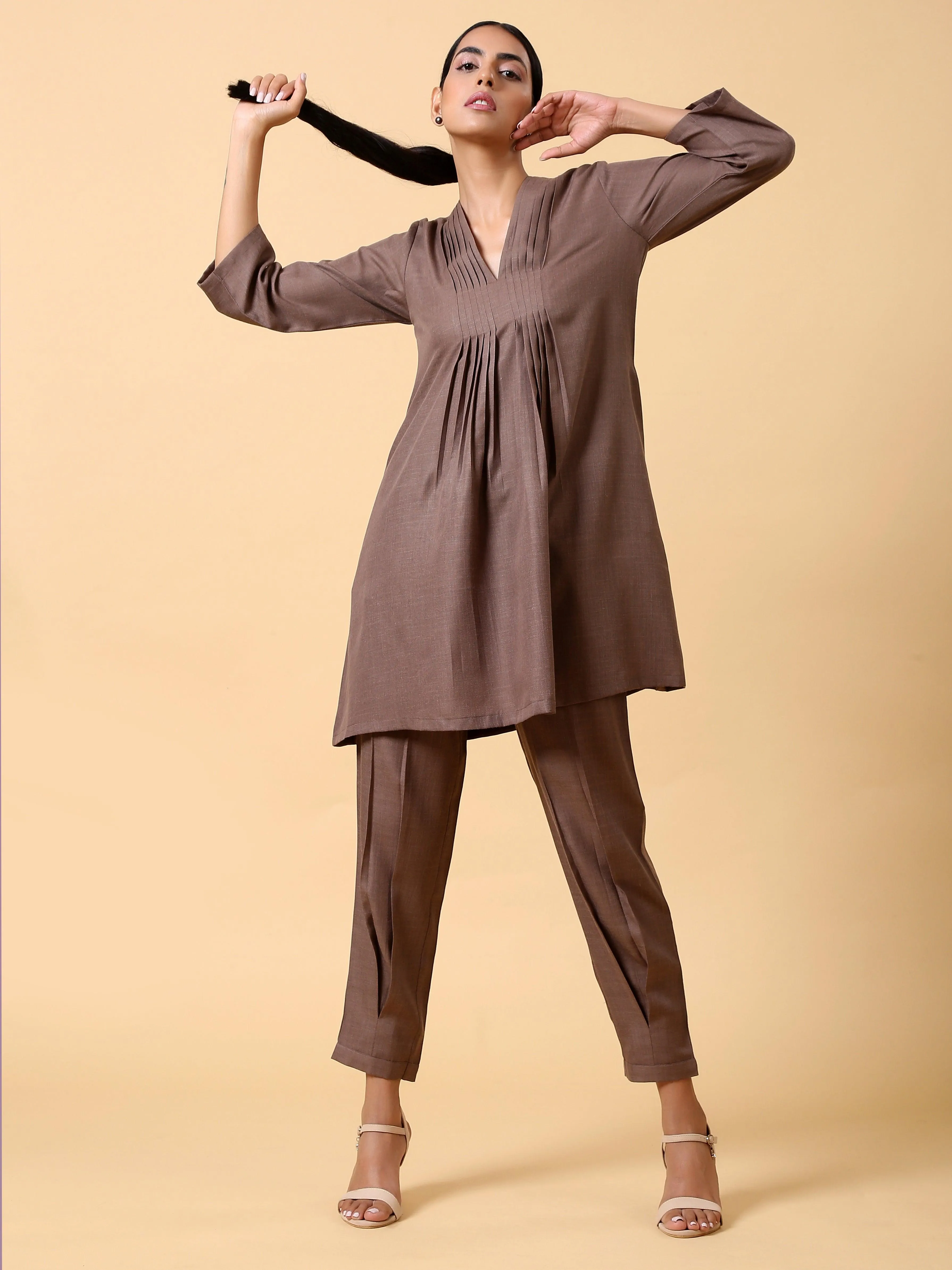 Cotton Linen Burnt Brown Pleated Co-Ord Set | Relove