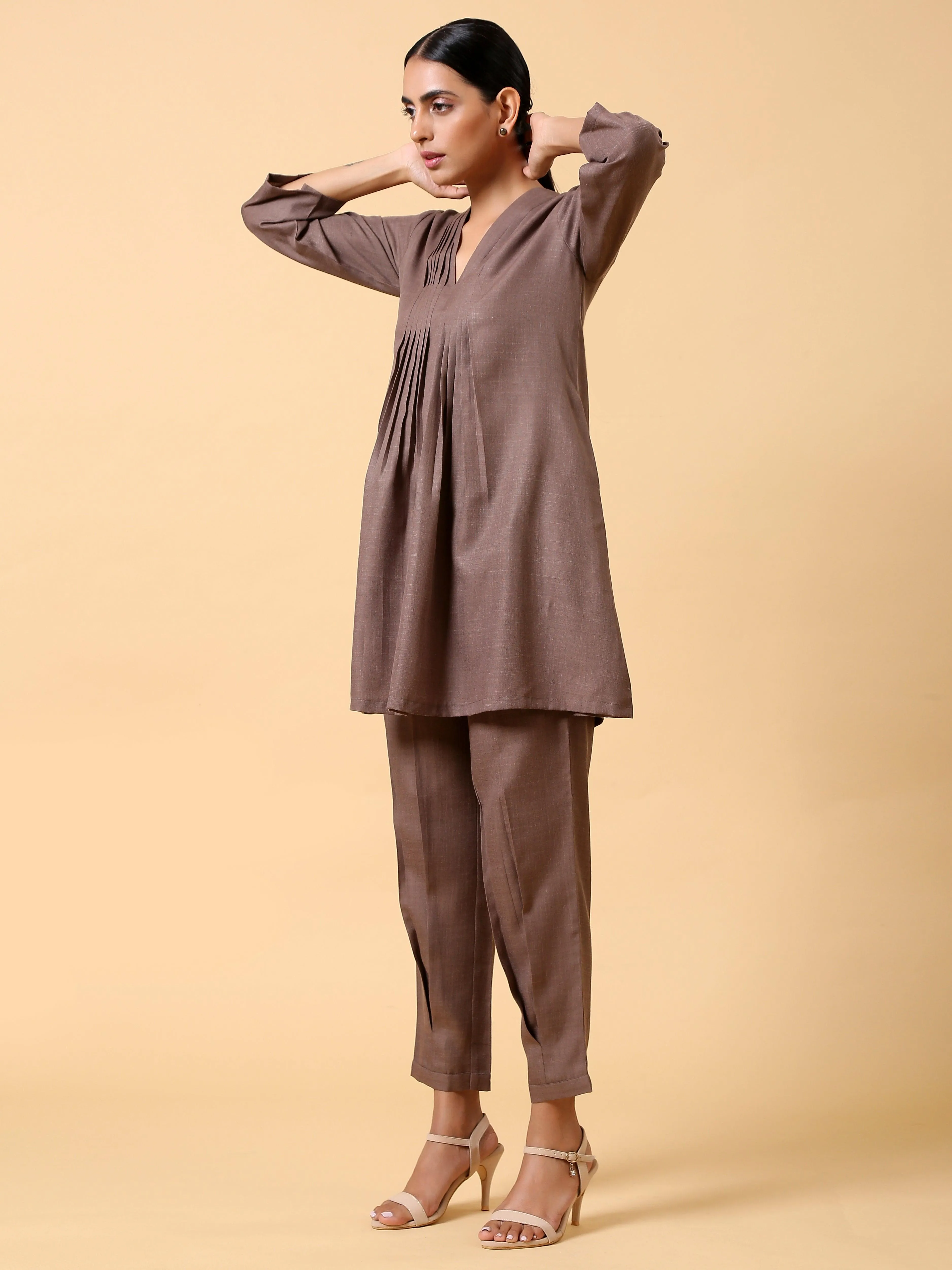 Cotton Linen Burnt Brown Pleated Co-Ord Set | Relove