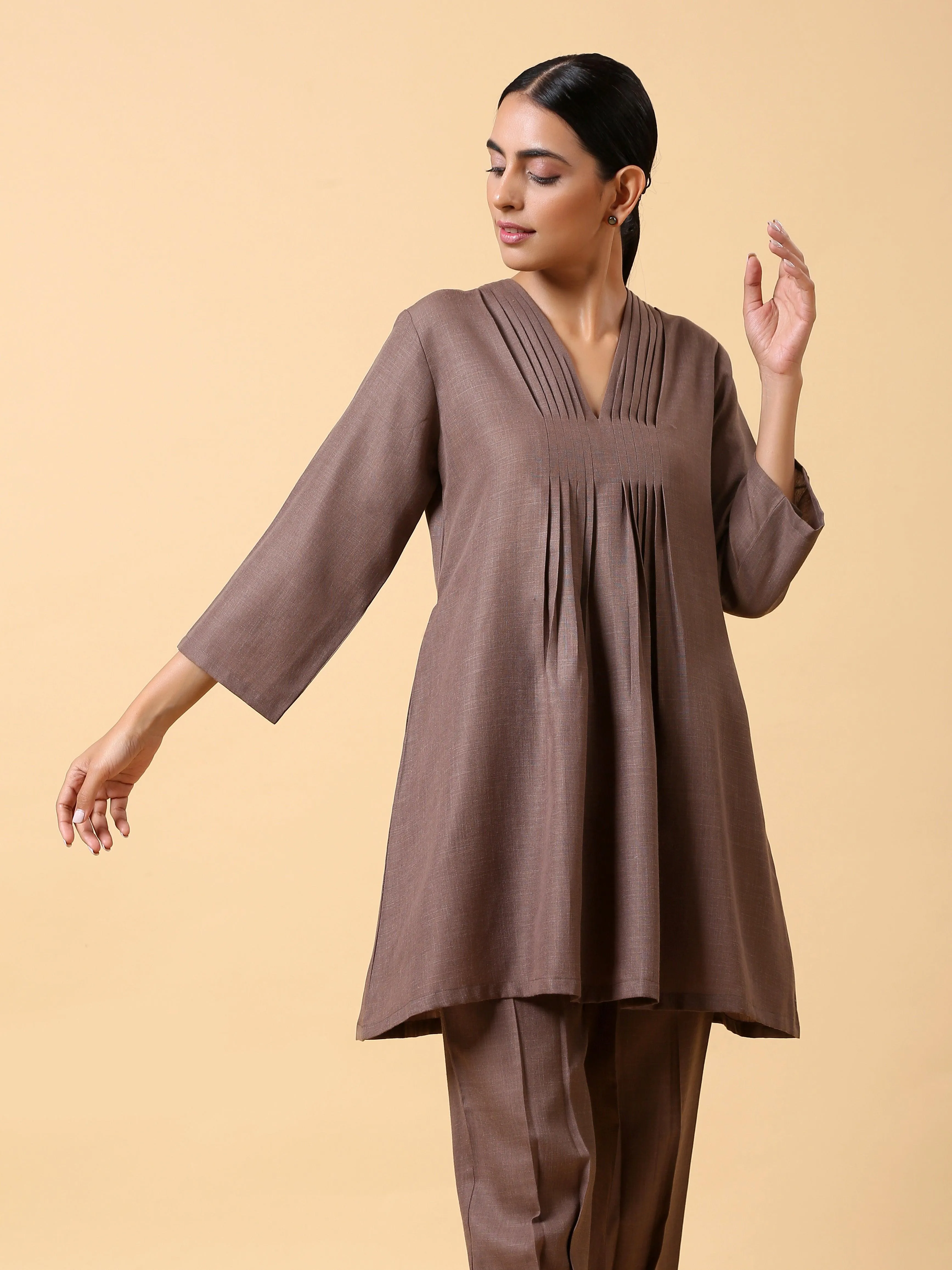 Cotton Linen Burnt Brown Pleated Co-Ord Set | Relove