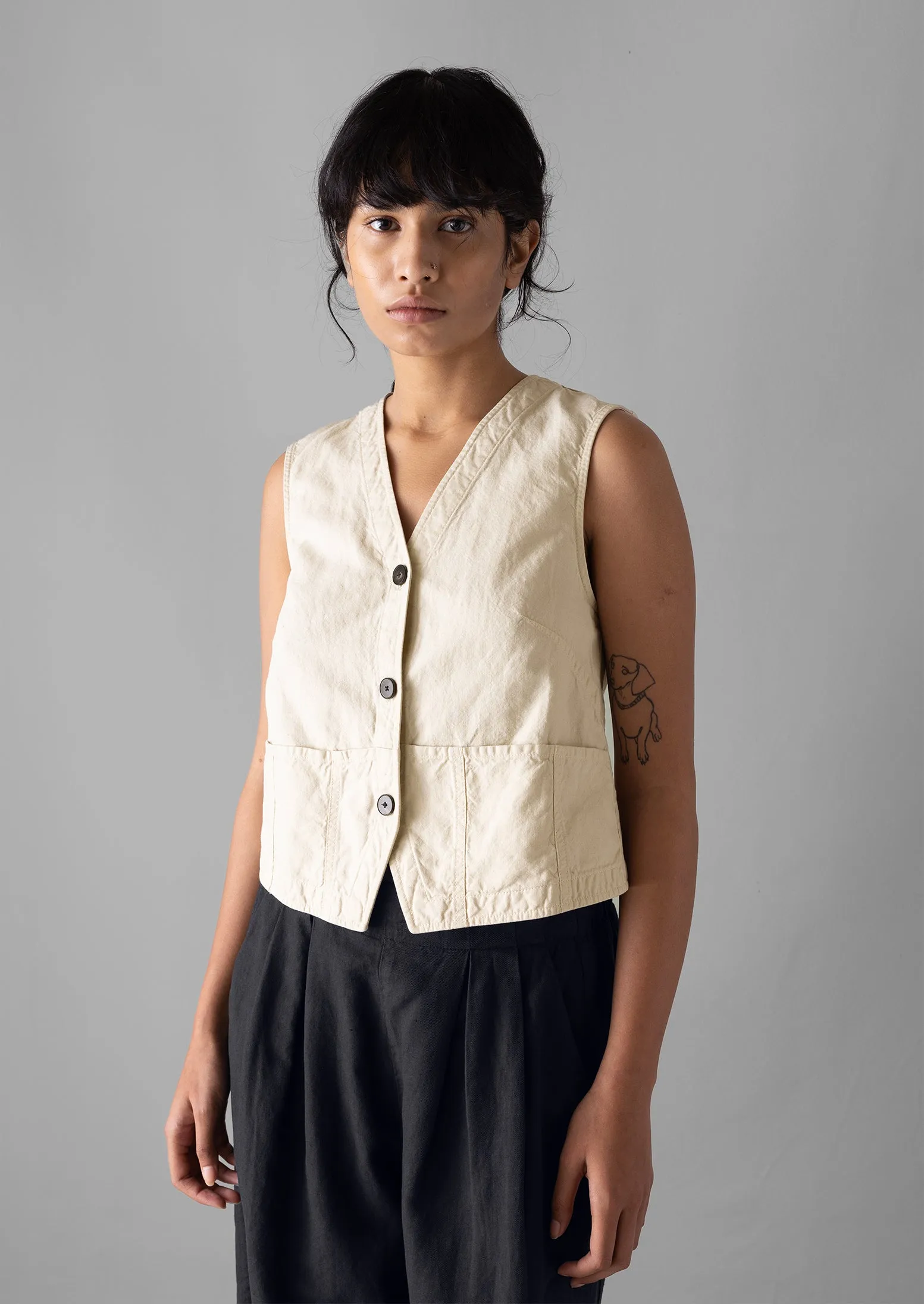 Cotton Linen Canvas Waistcoat Top | Wood Ash