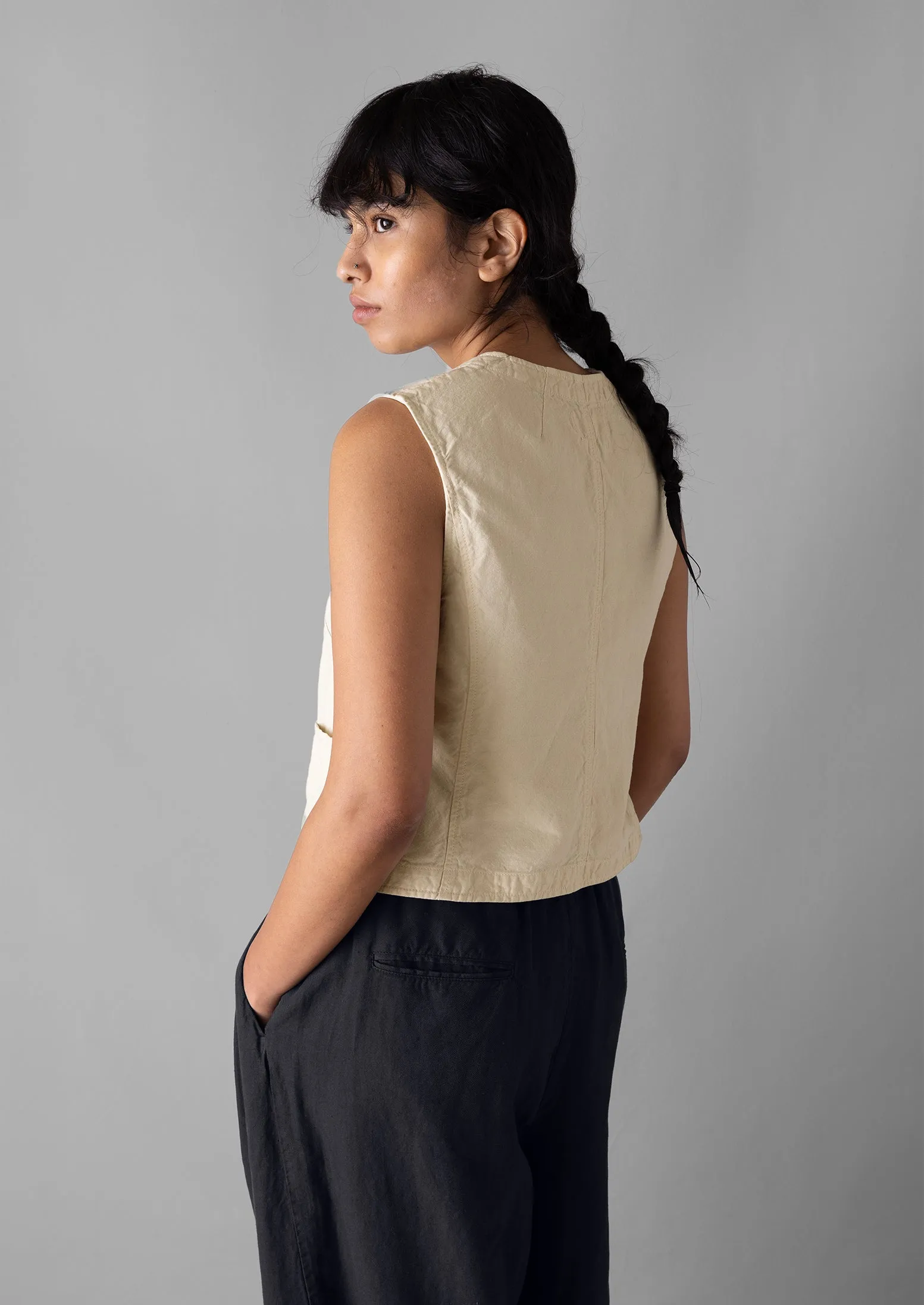 Cotton Linen Canvas Waistcoat Top | Wood Ash