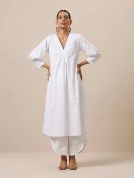 Cotton White Embroidered Slit Kurta Pant Set