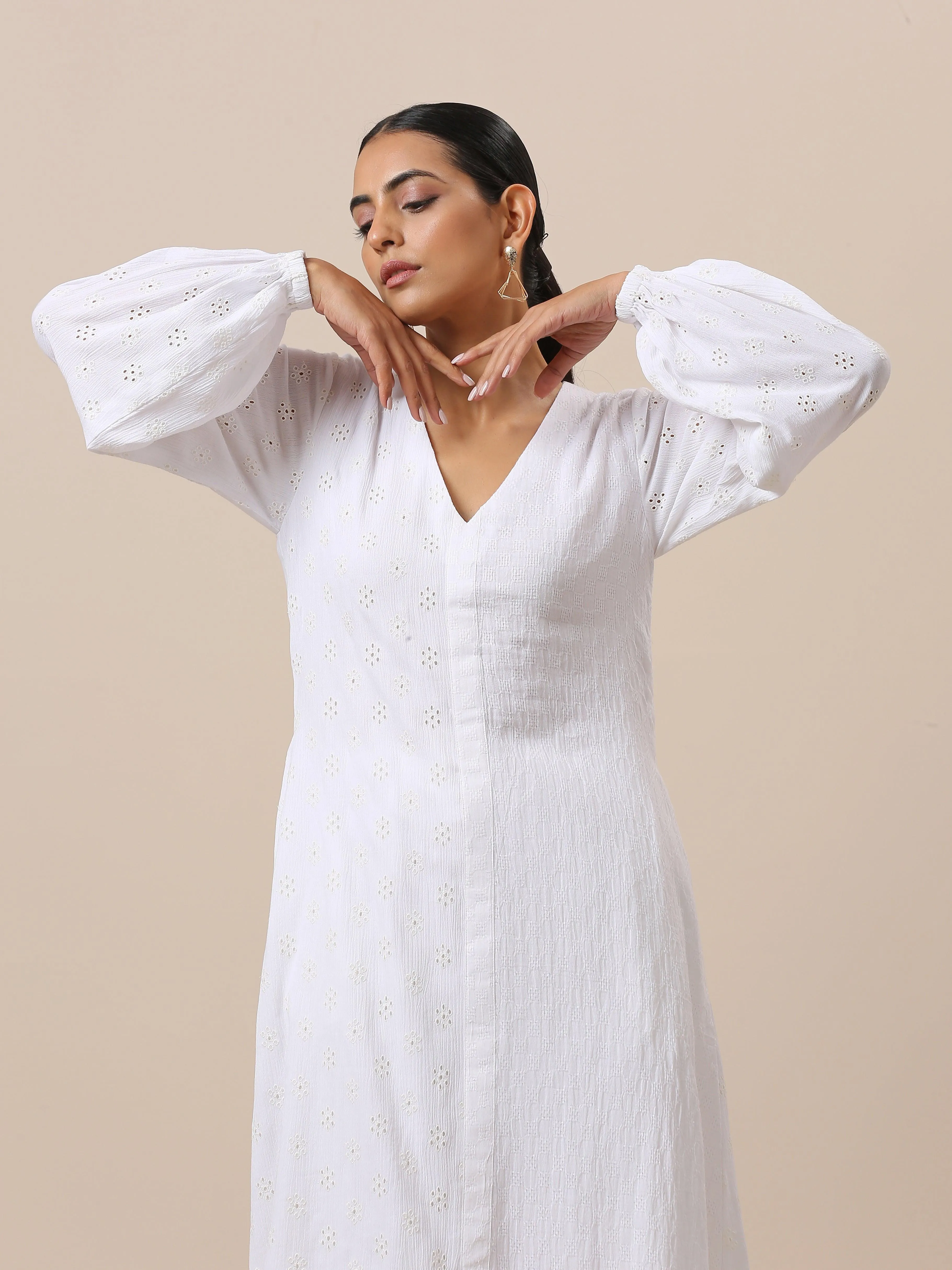 Cotton White Schiffli Weave Kurta Pant Set