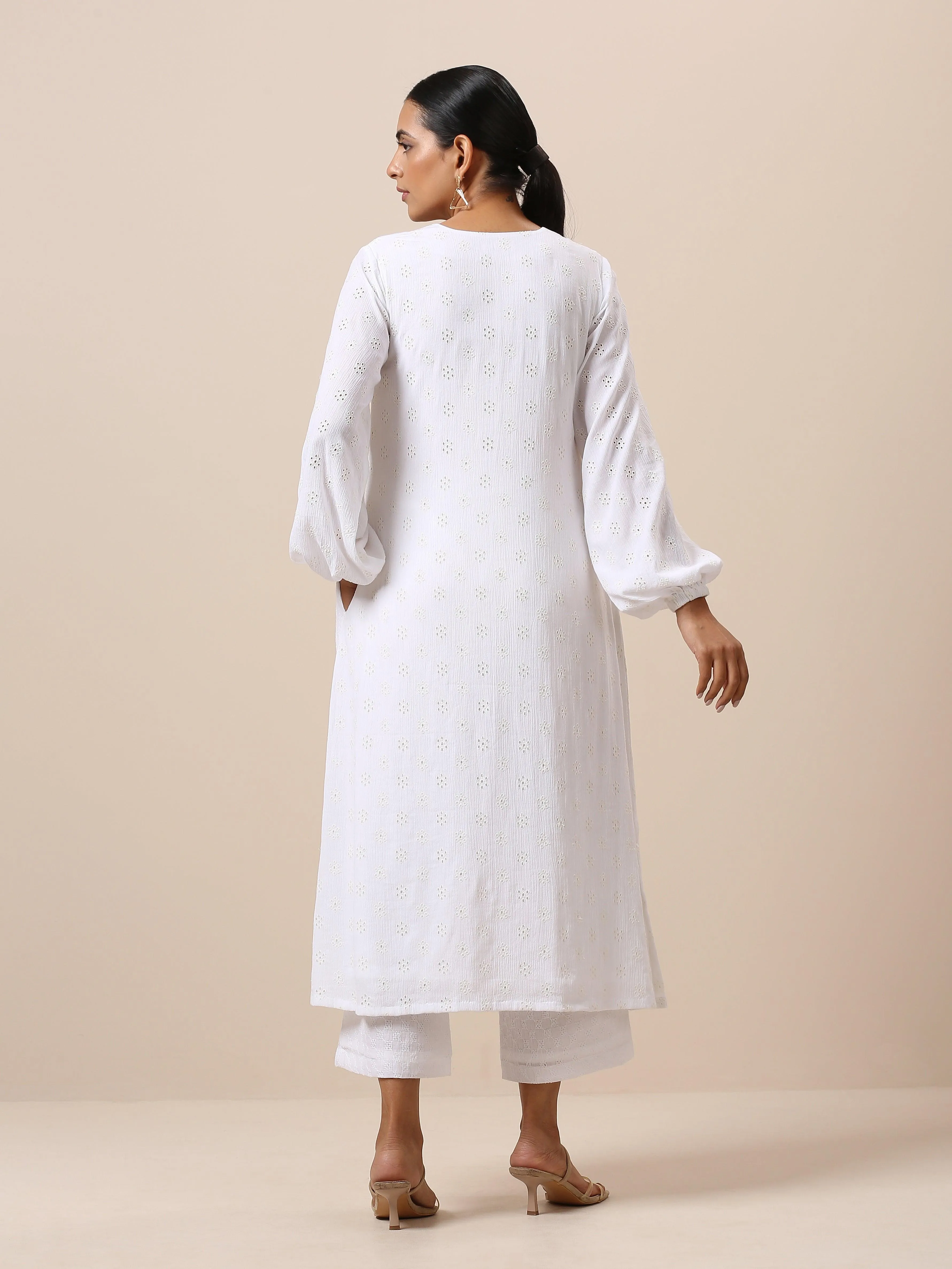 Cotton White Schiffli Weave Kurta Pant Set