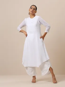 Cotton White Weave Yoke Kurta Pant Set