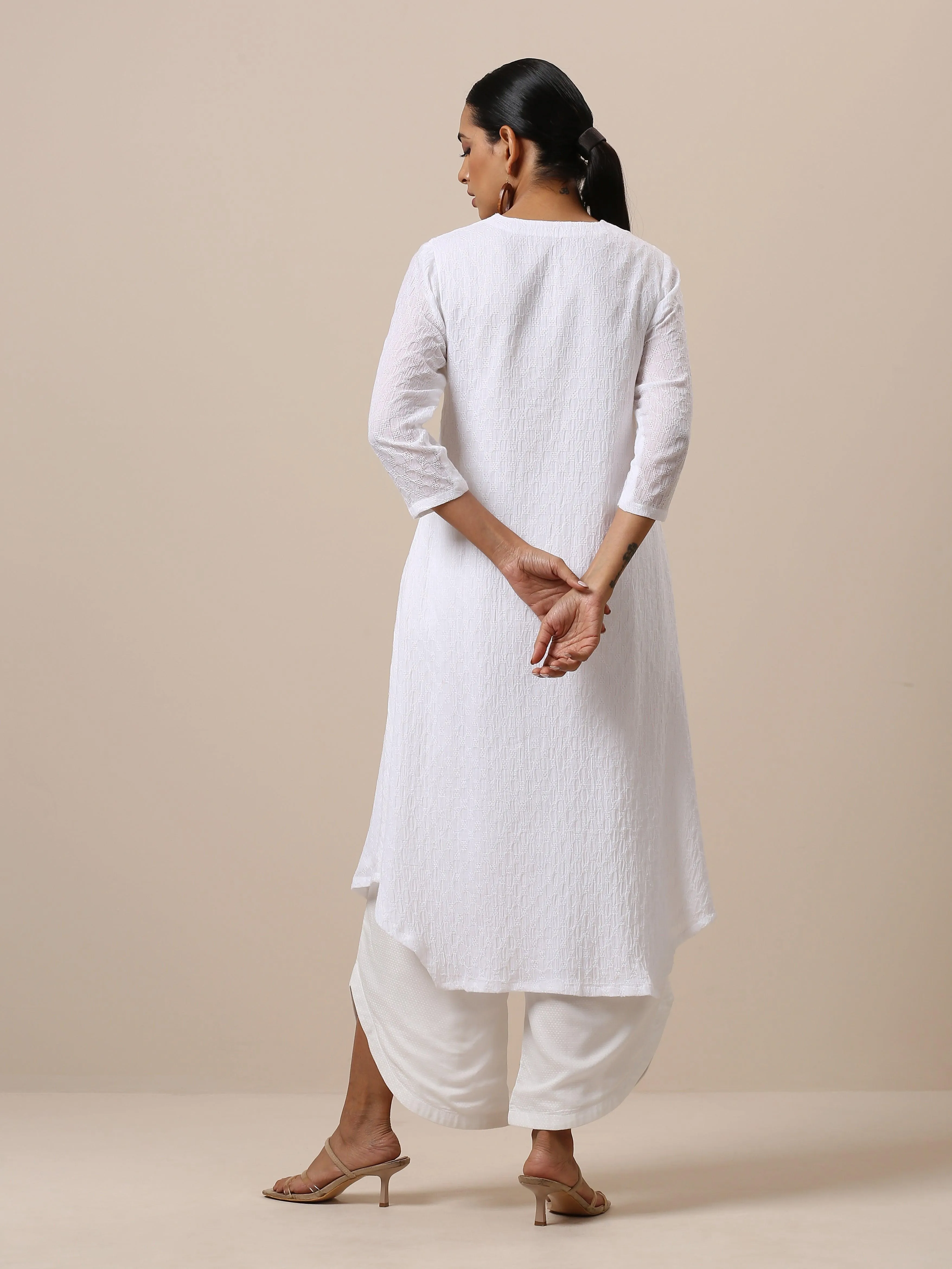 Cotton White Weave Yoke Kurta Pant Set