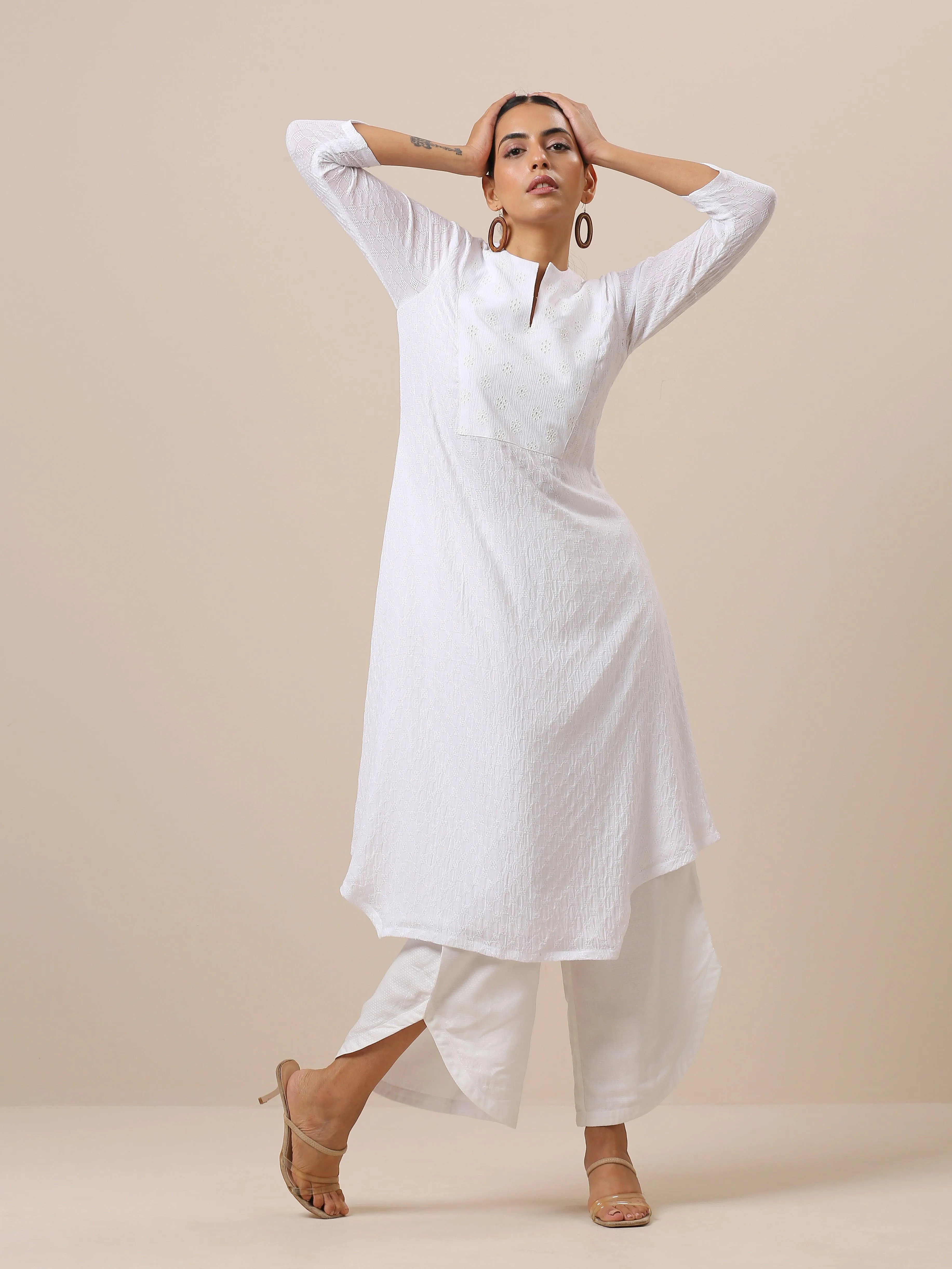 Cotton White Weave Yoke Kurta Pant Set