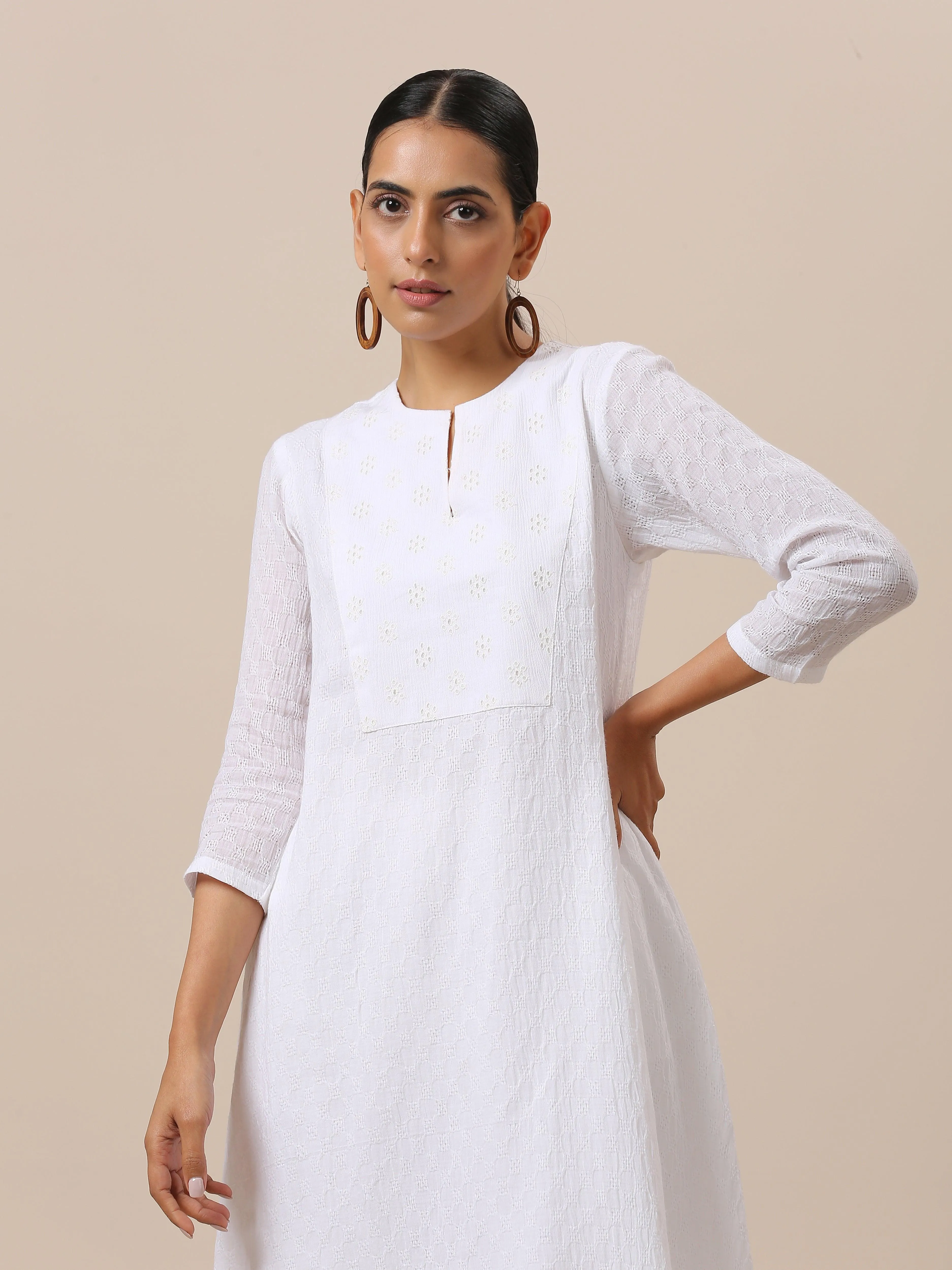 Cotton White Weave Yoke Kurta Pant Set