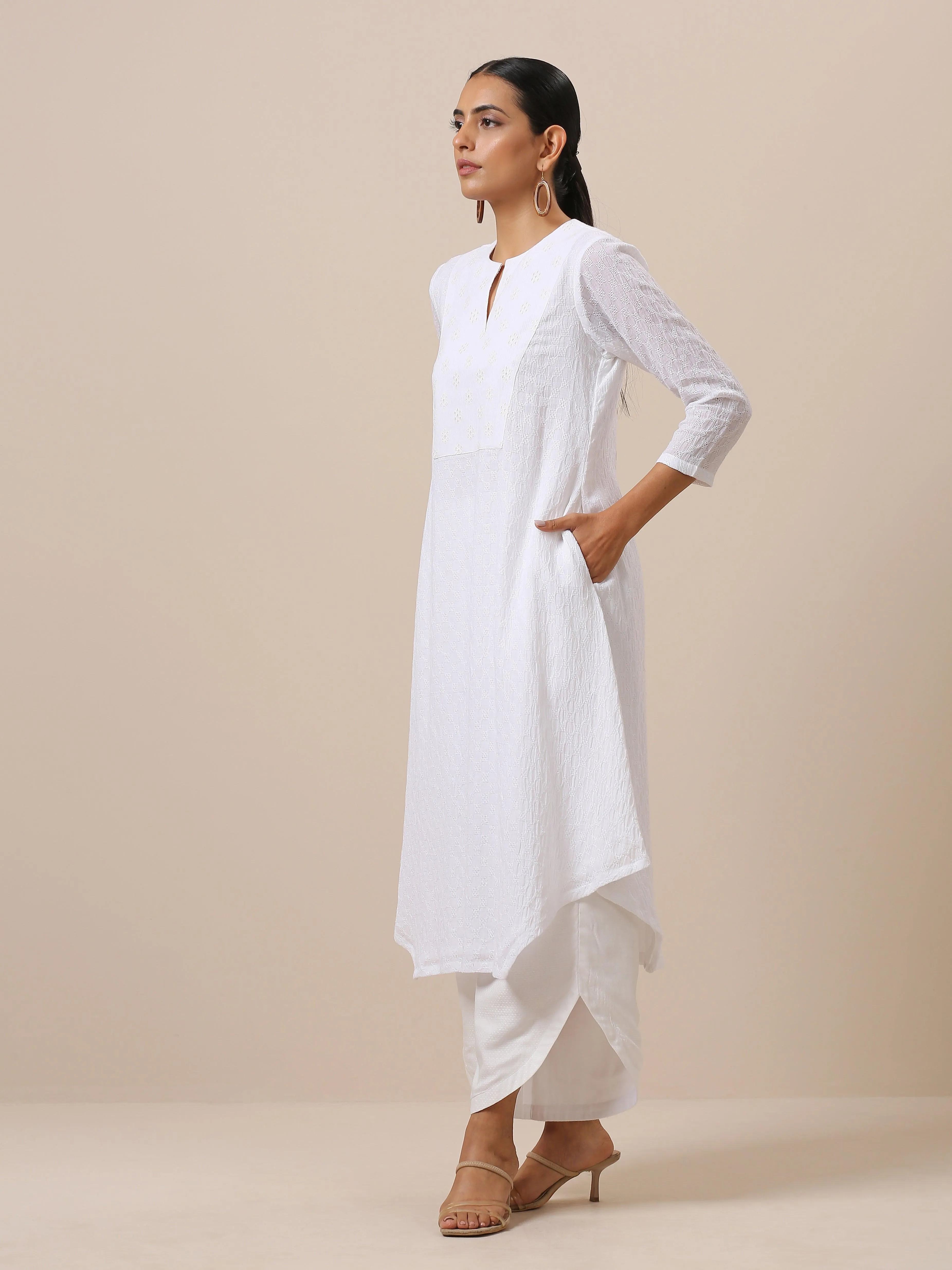 Cotton White Weave Yoke Kurta Pant Set