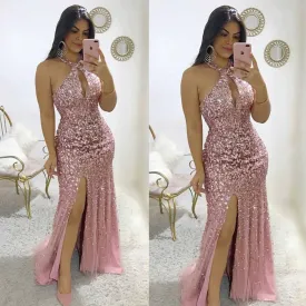 crystals luxury evening dresses 2020 mermaid pink beaded halter modest sexy formal evening gown 2021