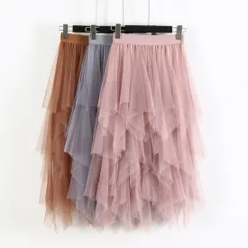 Fashion 2022 Spring Party Skirt Elastic High Waist Long Tulle Skirt Women Irregular Hem Mesh Tutu Skirt Ladies