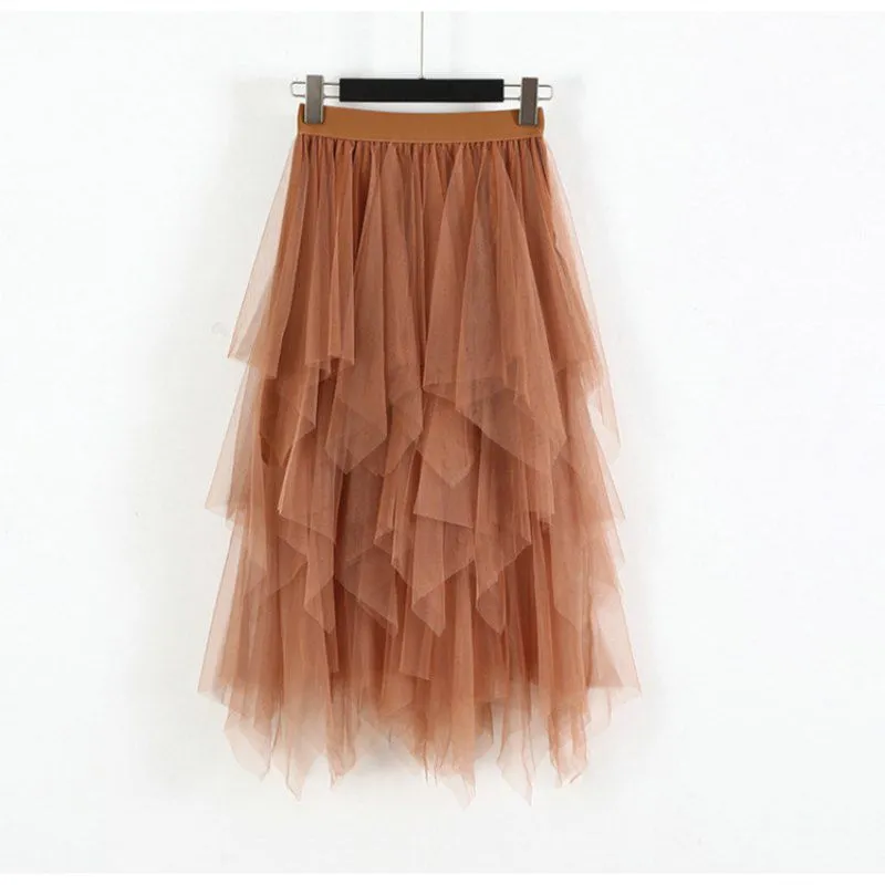 Fashion 2022 Spring Party Skirt Elastic High Waist Long Tulle Skirt Women Irregular Hem Mesh Tutu Skirt Ladies