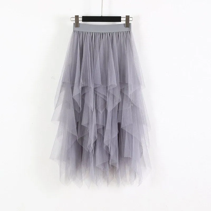 Fashion 2022 Spring Party Skirt Elastic High Waist Long Tulle Skirt Women Irregular Hem Mesh Tutu Skirt Ladies