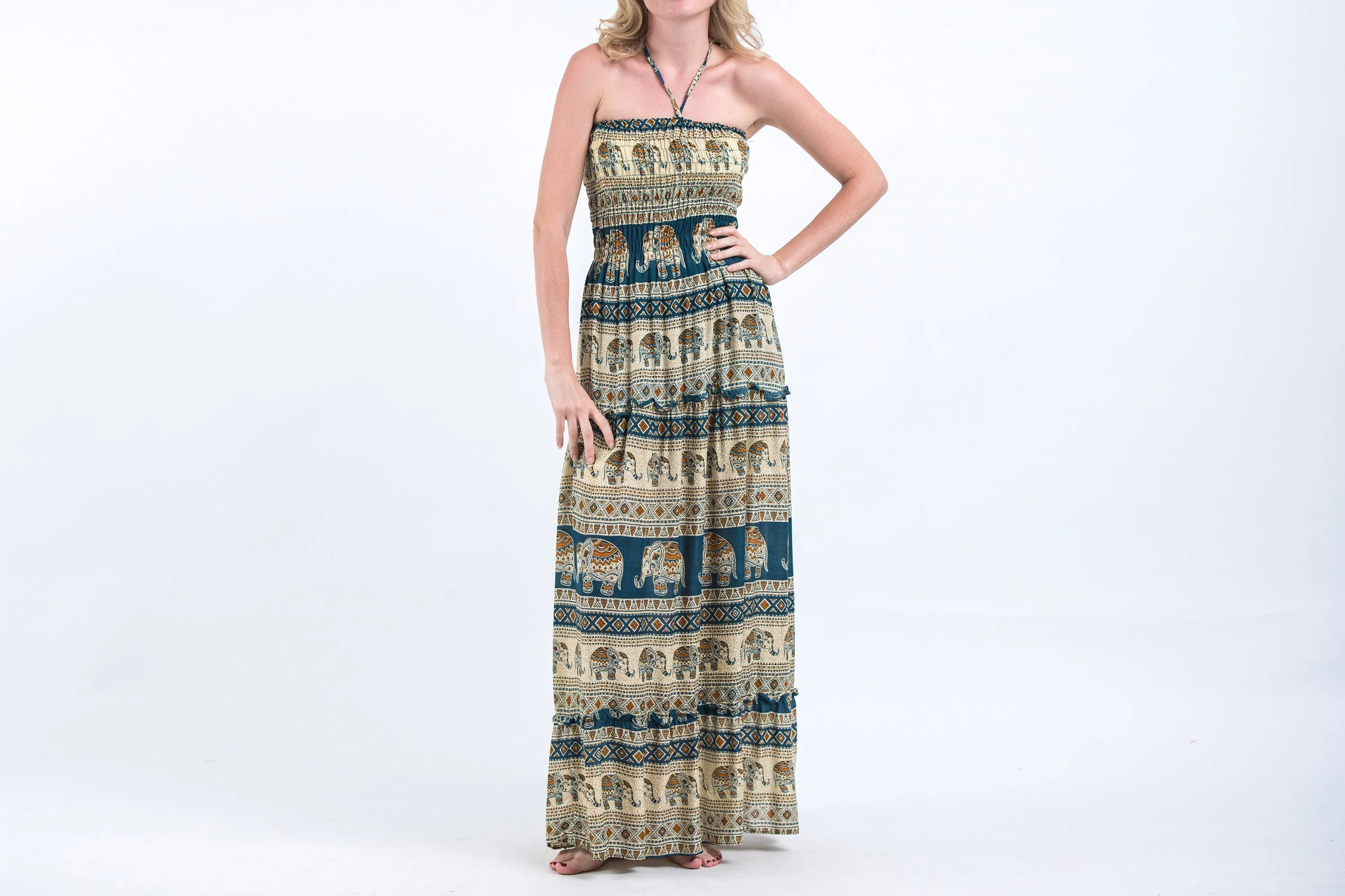 Festive Elephants Smocked Bandeau Maxi Dress in Teal